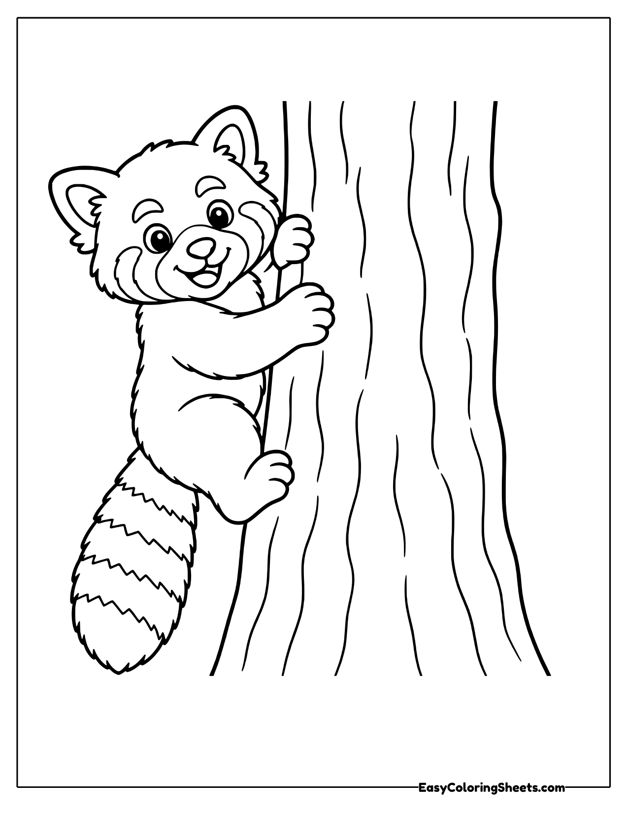 Red panda climbing the side of a large tree trunk and smiling