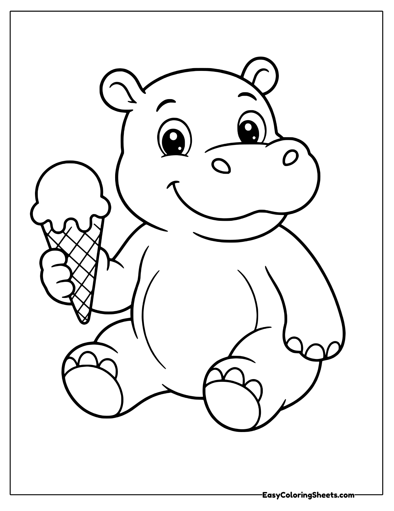 Hippo sitting with an ice cream cone