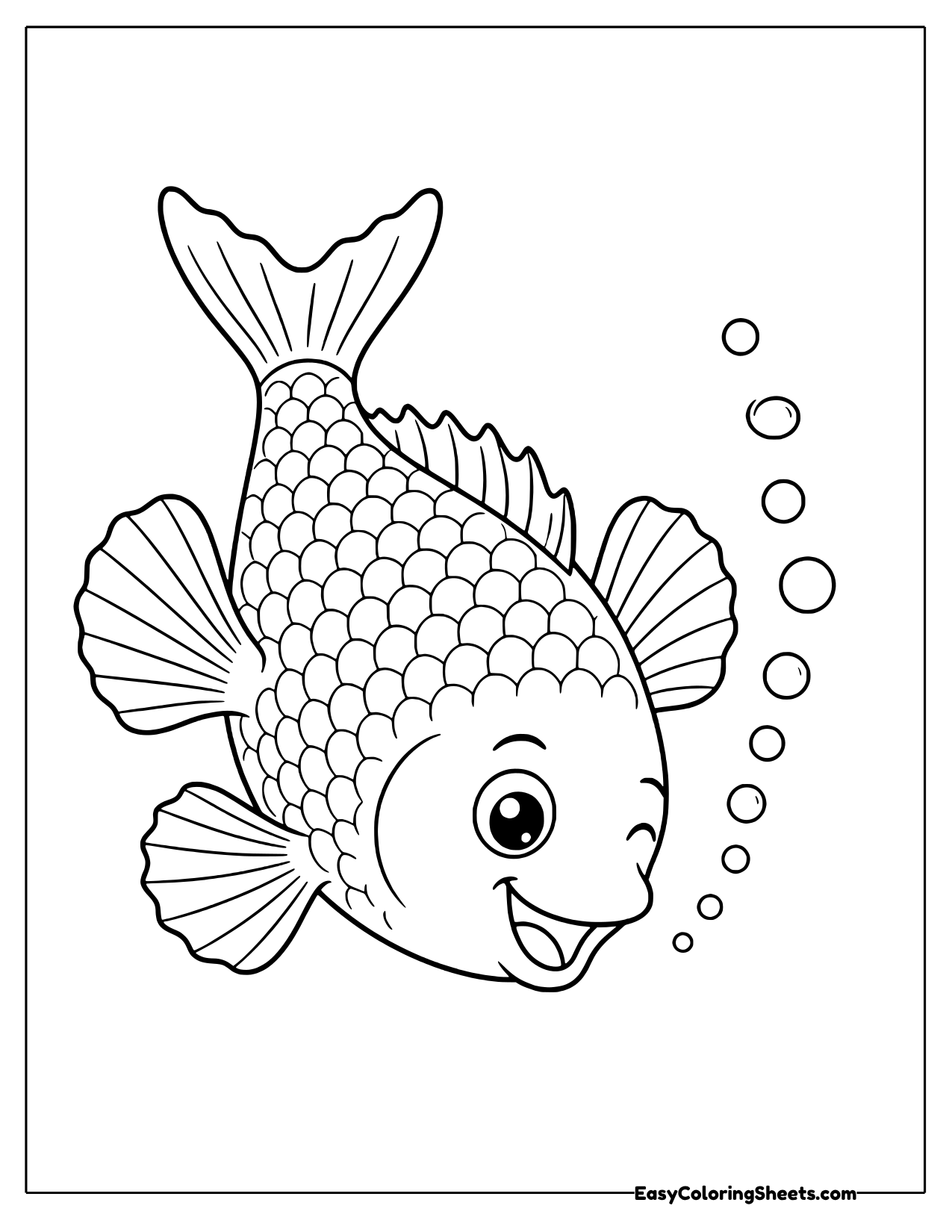 Smiling fish diving down with bubbles rising