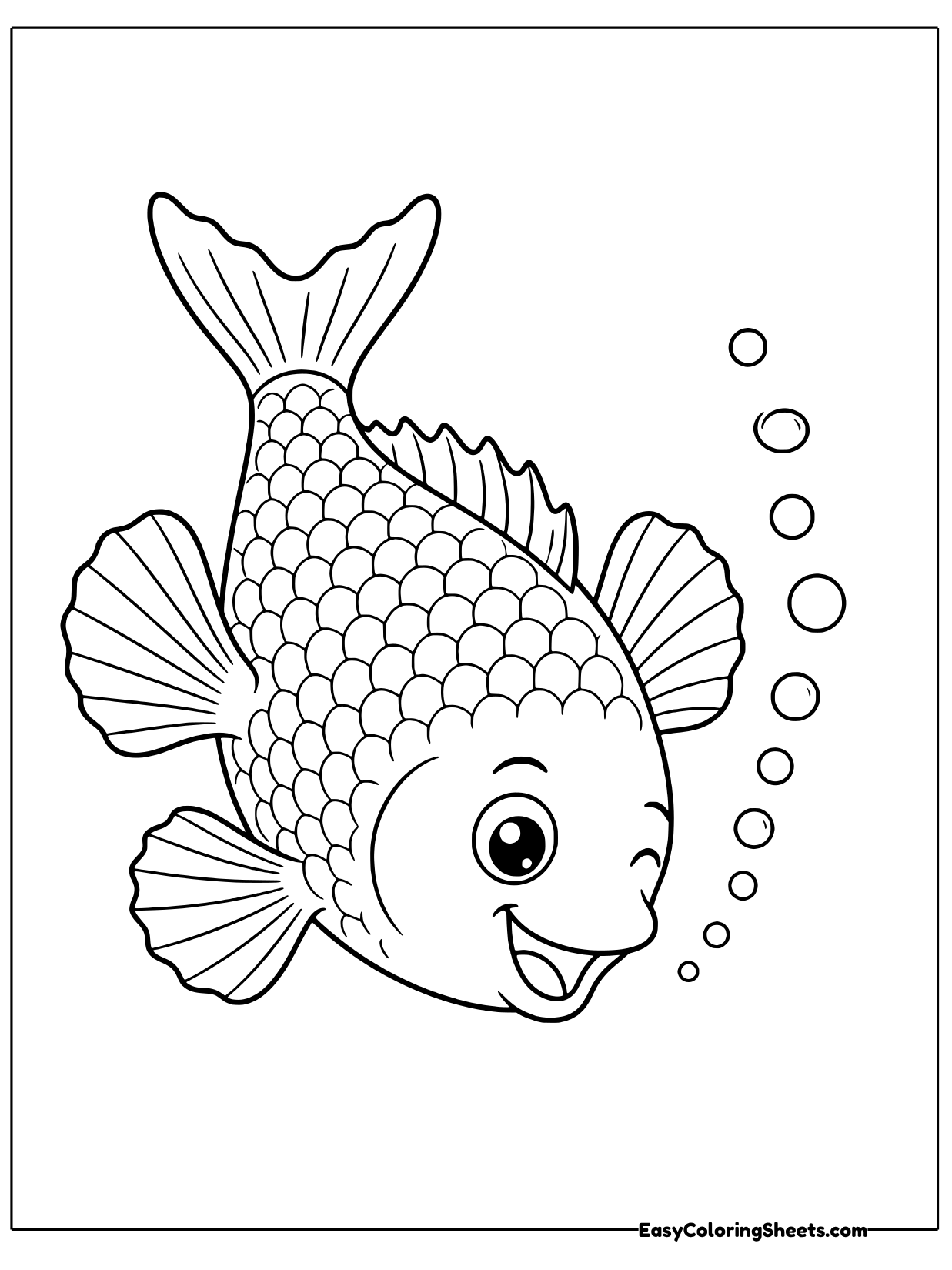 A happy fish with a scaly body points its head toward the bottom of the page while a column of bubbles floats up beside it.