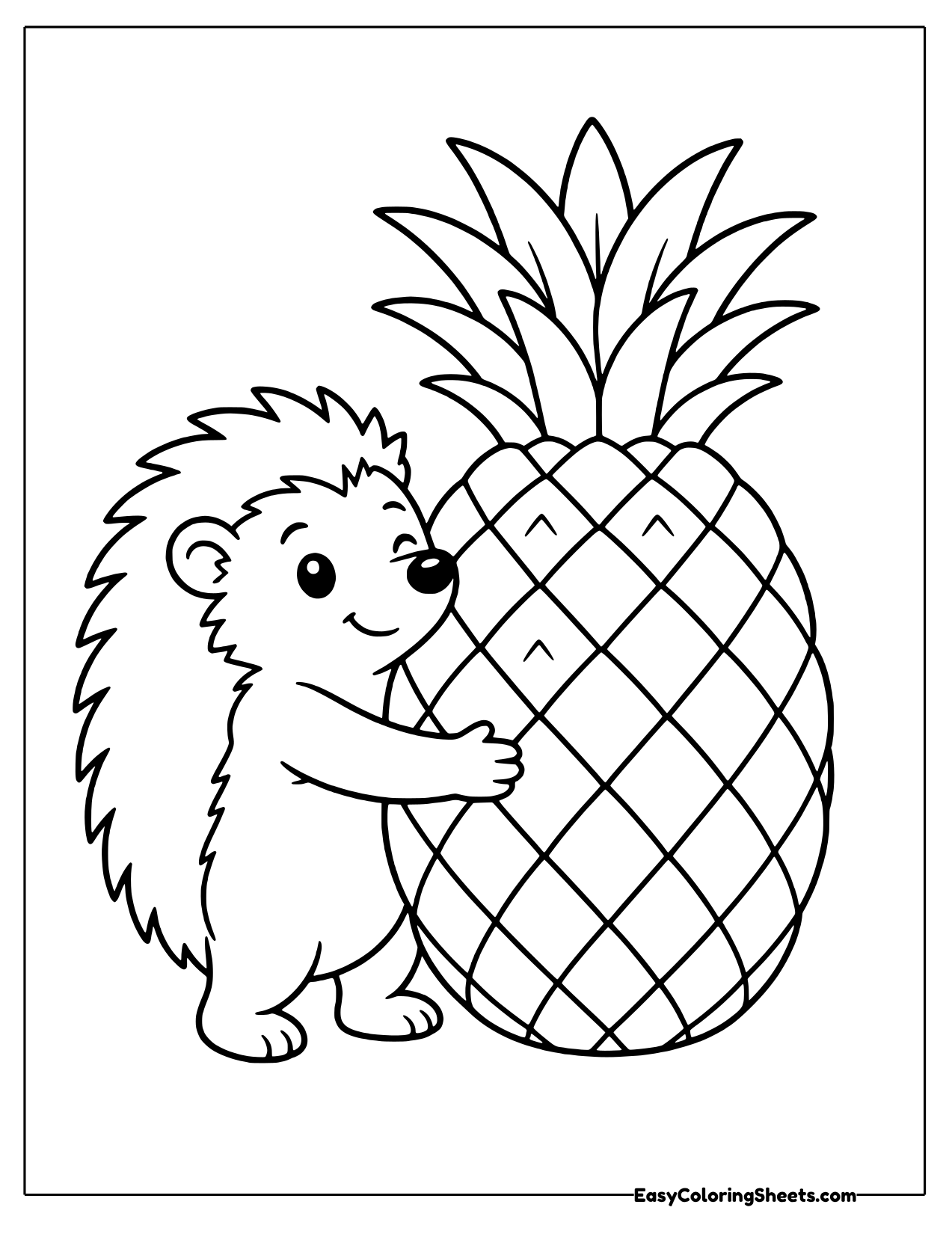 Spiky hedgehog hugging a giant diamond patterned pineapple