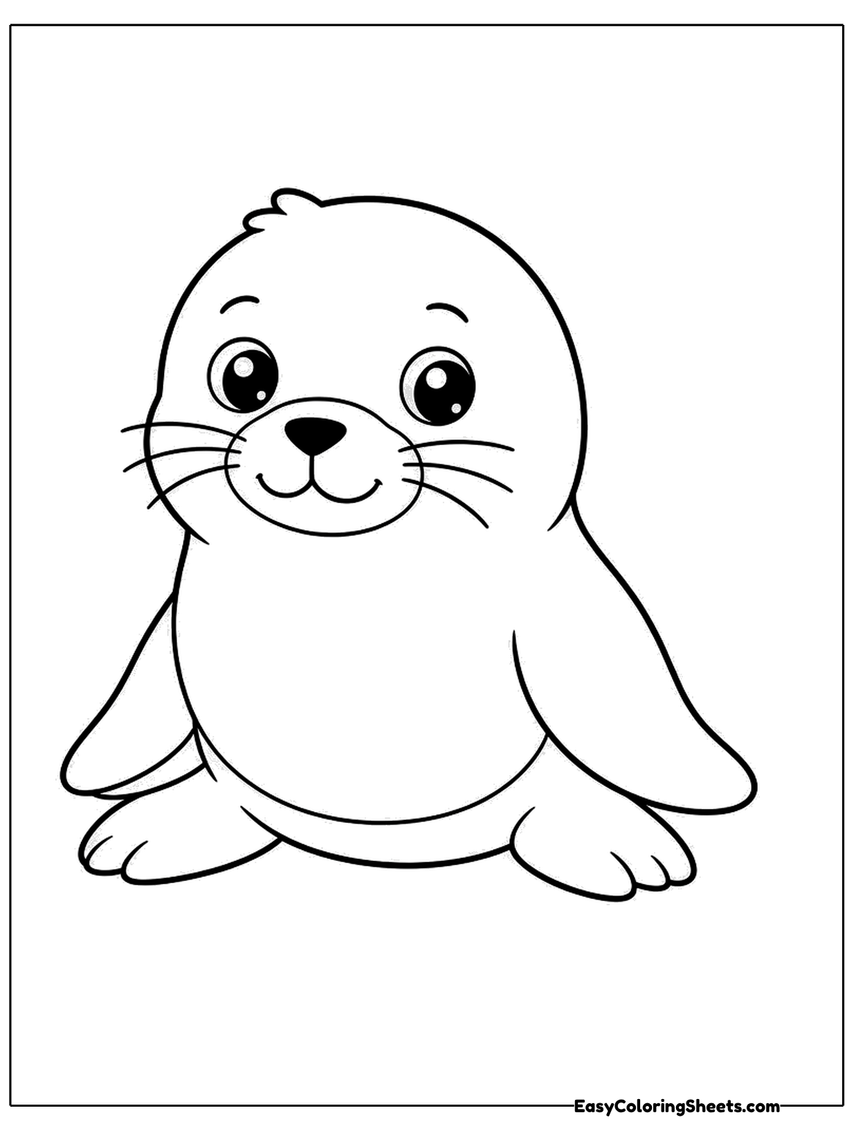 A round seal sits upright with flippers planted on the ground and a friendly smile under its whiskers.