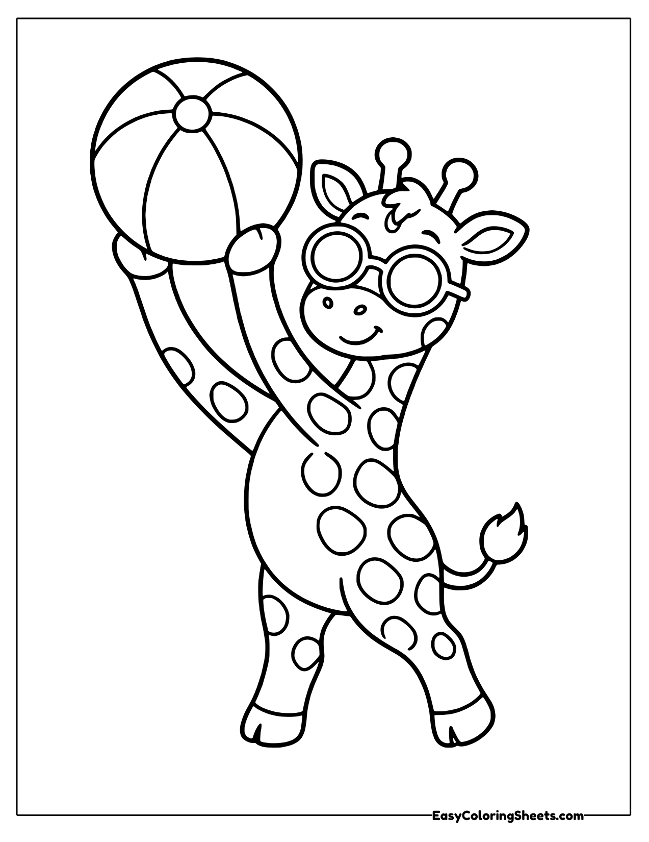 Giraffe in sunglasses tossing a striped beach ball