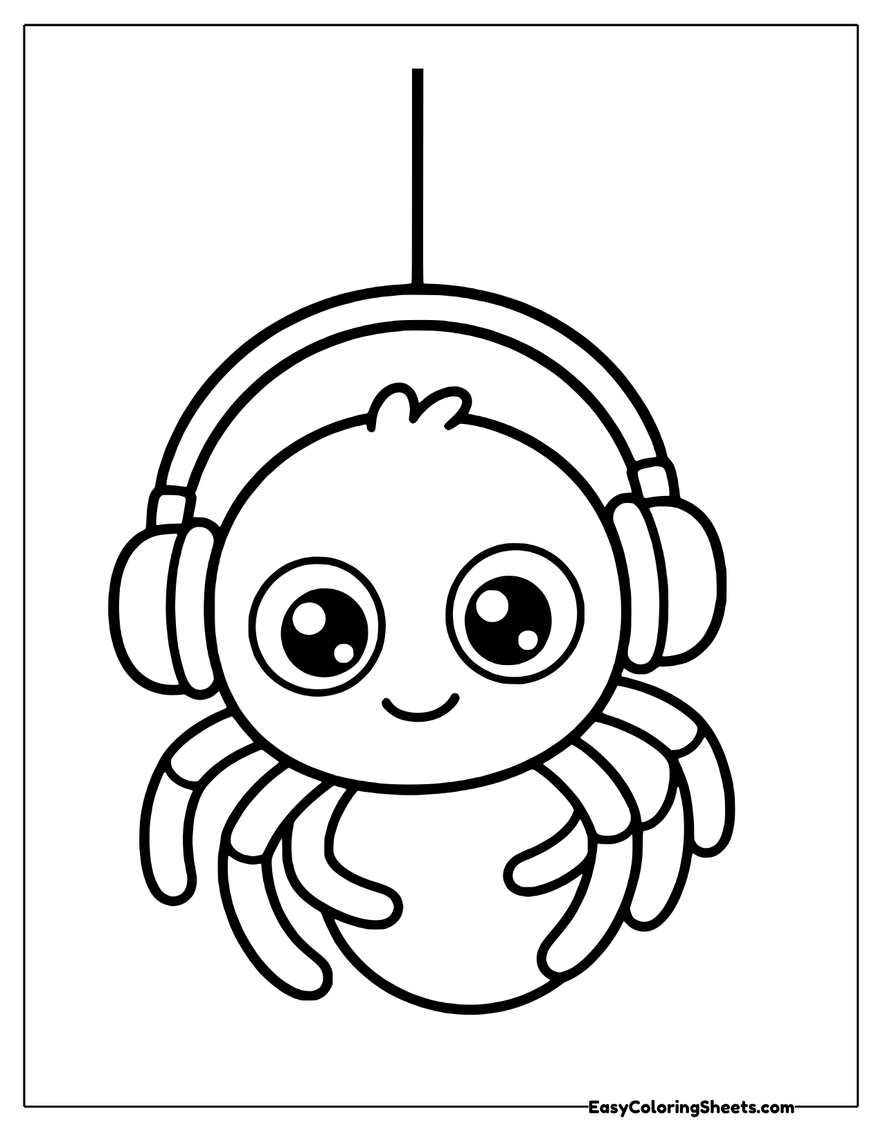 Smiling cartoon spider wearing big headphones and hanging from a thread