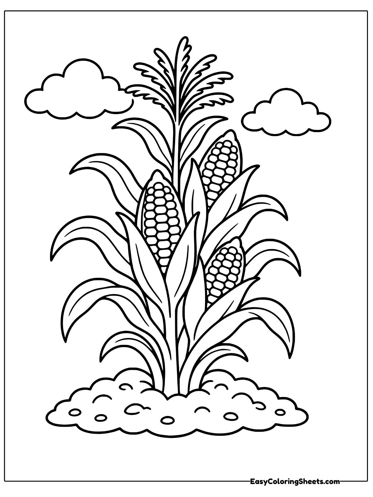 A leafy corn stalk carries several ears of corn and grows from a patch of soil, with clouds above.
