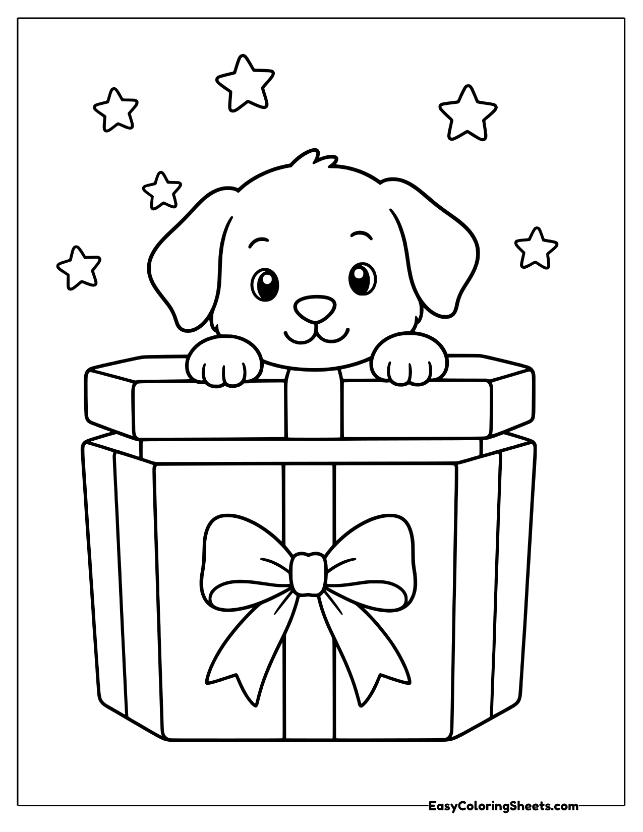 Puppy peeking out of a Christmas present box