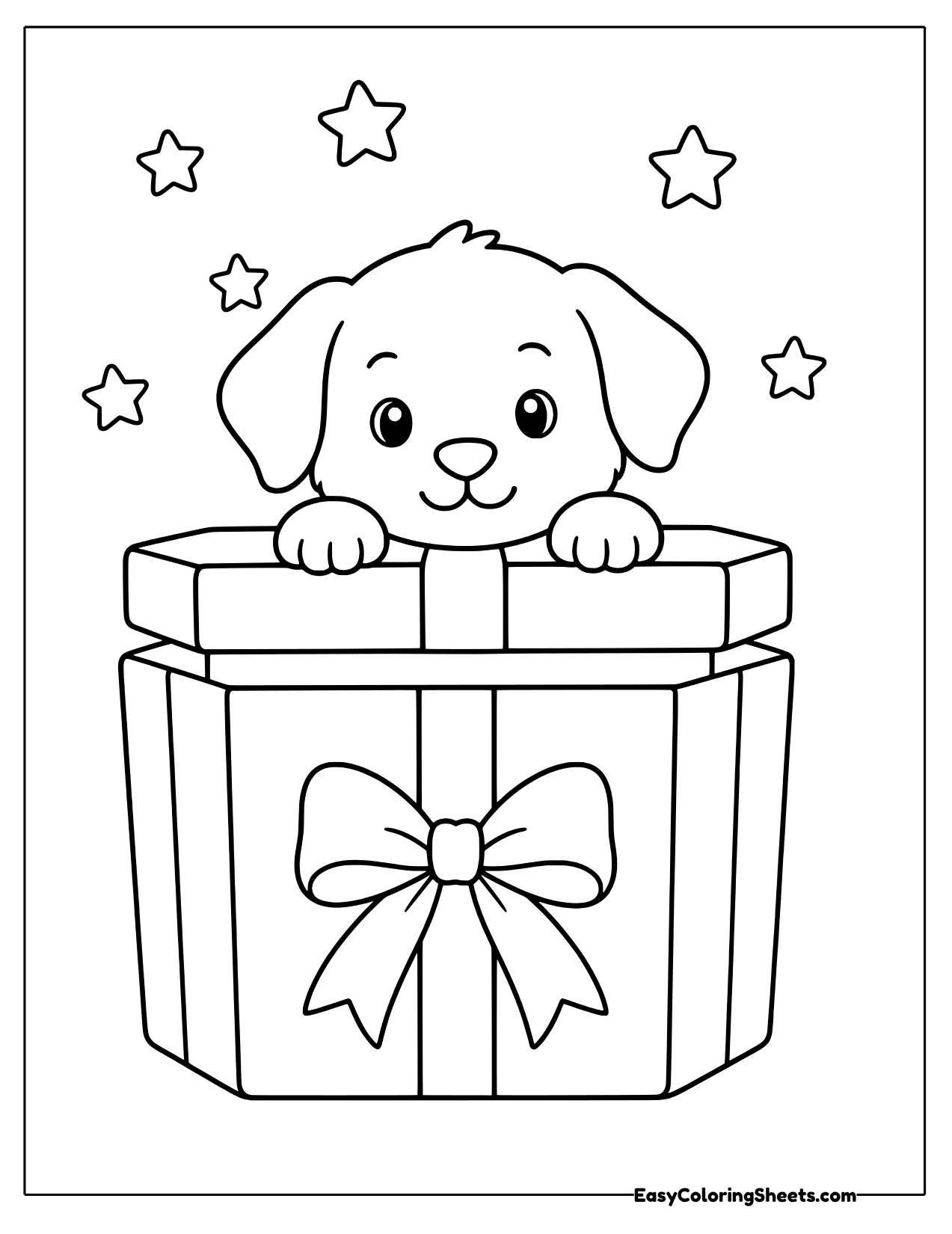 Puppy peeking out of a Christmas present box