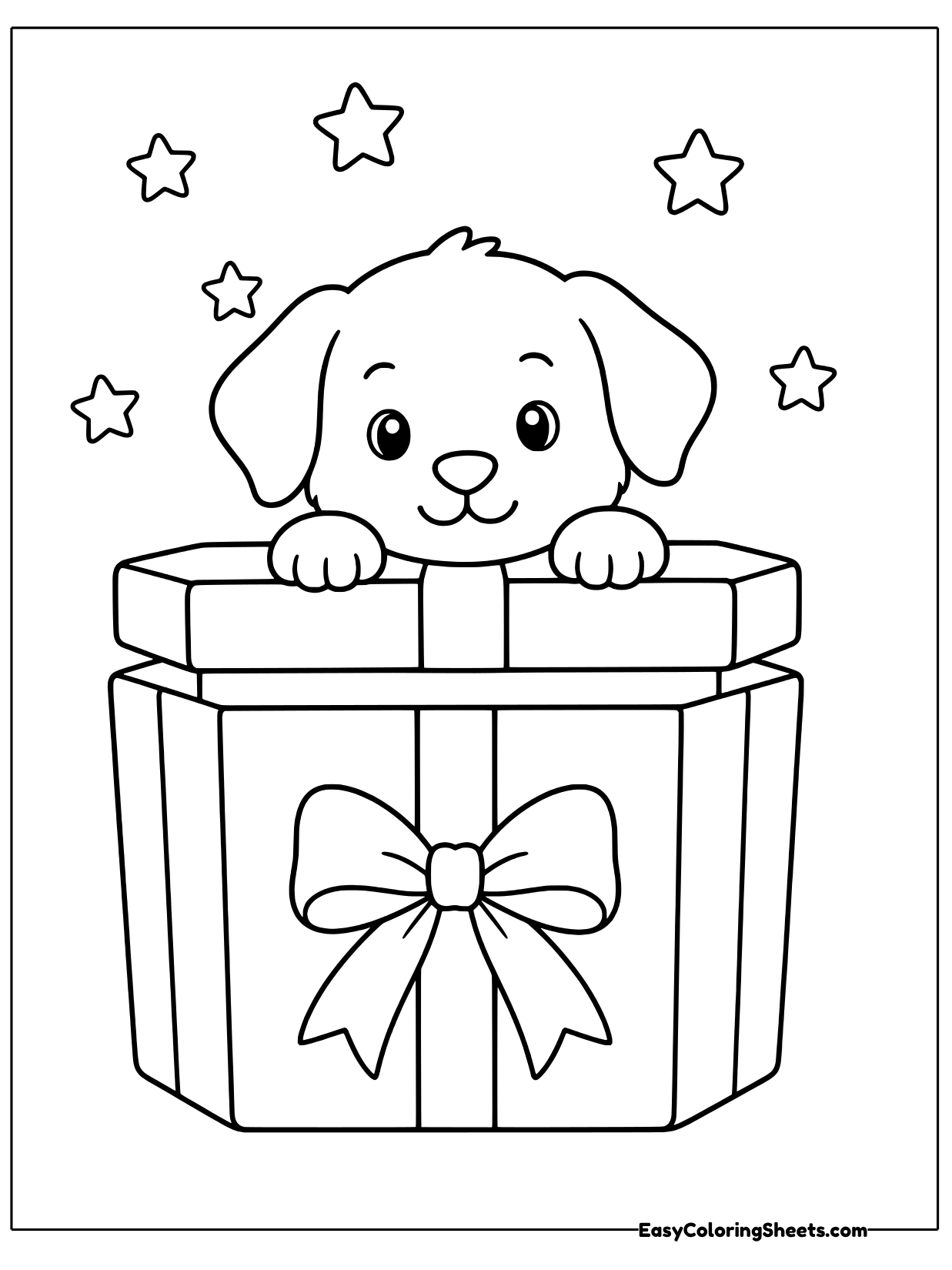 A cute puppy peeks out over the edge of a Christmas present box with a big bow on the front, surrounded by little stars.