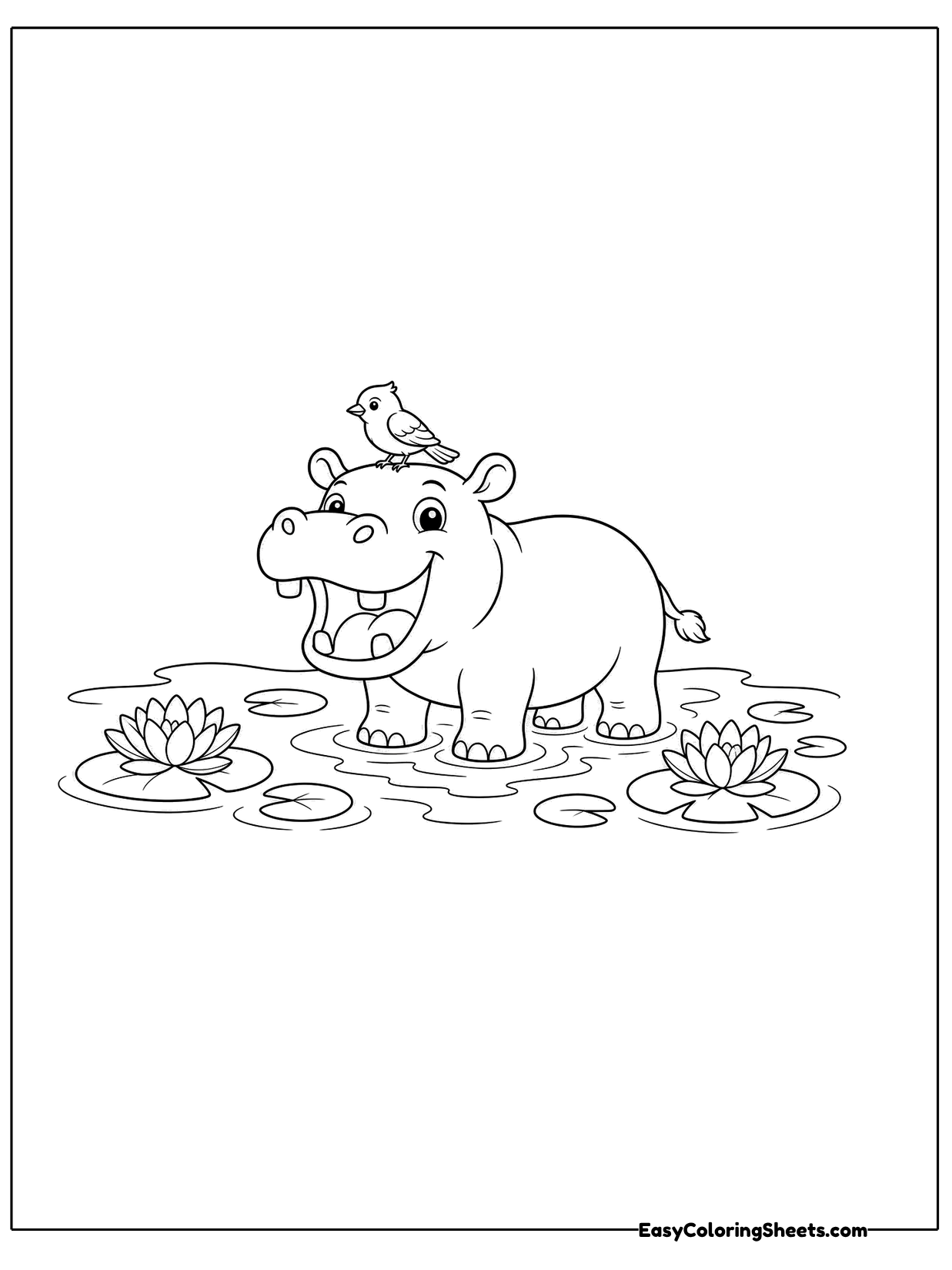 A hippo stands in shallow water with lily pads floating around it while a small bird perches on its head.
