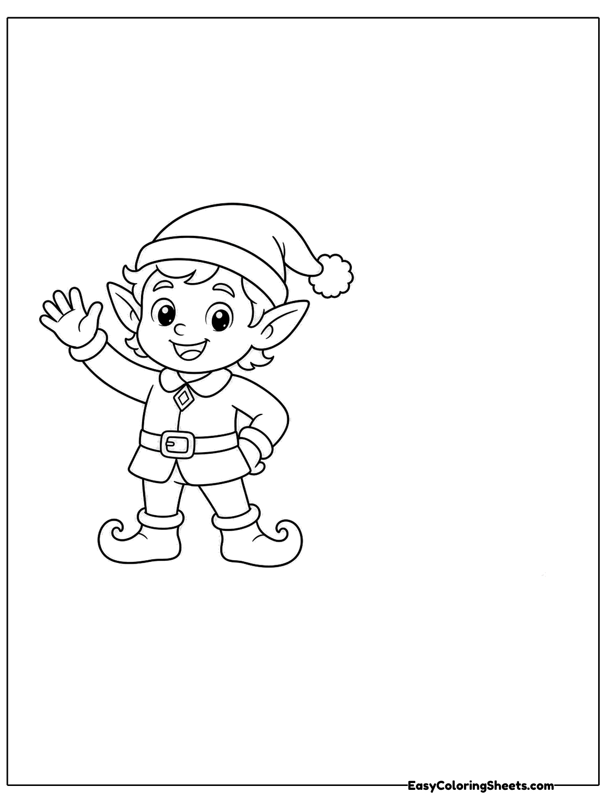 A small elf with pointy ears waves hello while wearing a tunic, belt, striped tights and curly shoes.