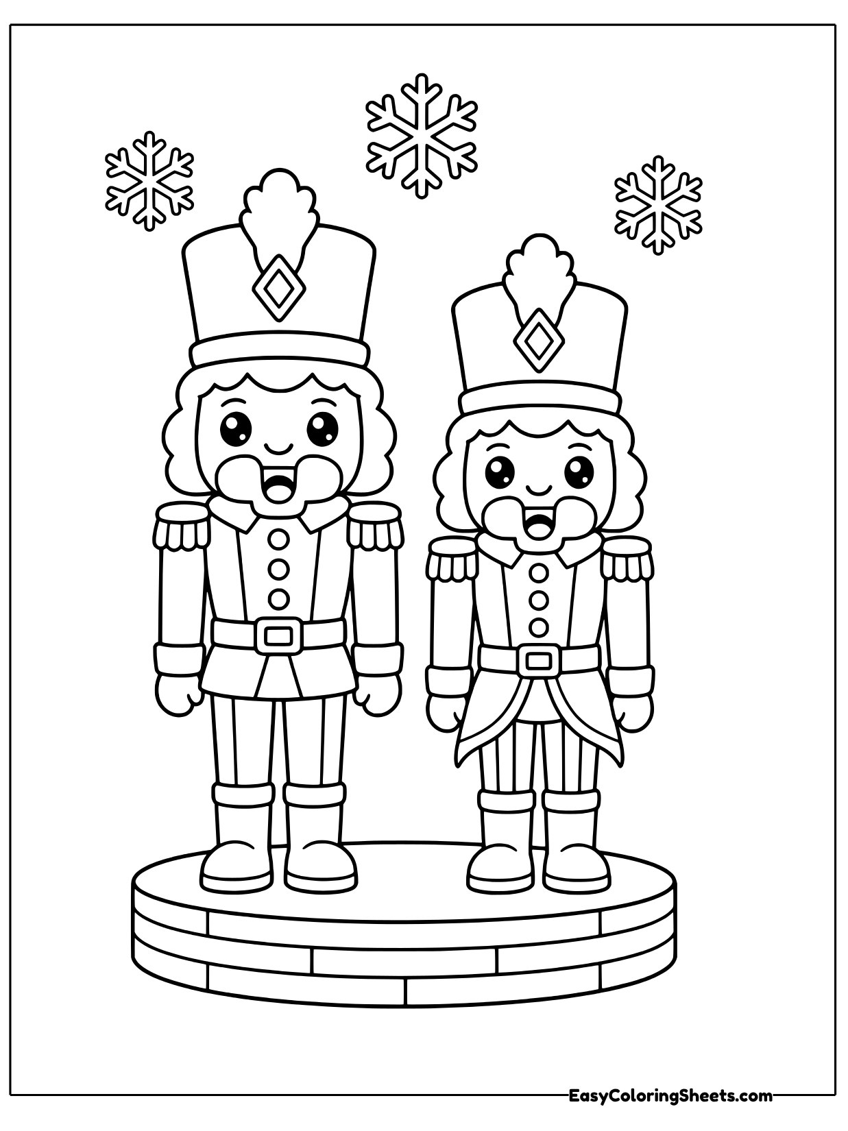 Two nutcracker soldiers stand side by side on a round wooden stand, each with a tall plumed hat.