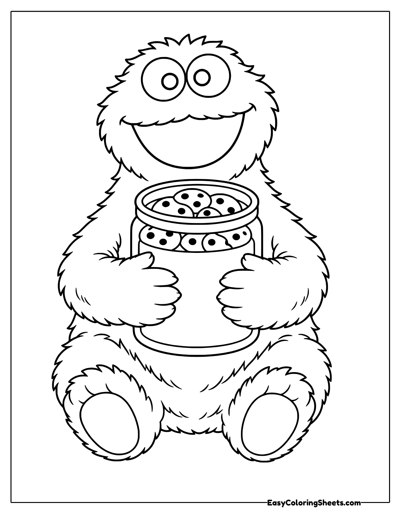 Cookie Monster sitting and hugging a glass jar full of chocolate chip cookies
