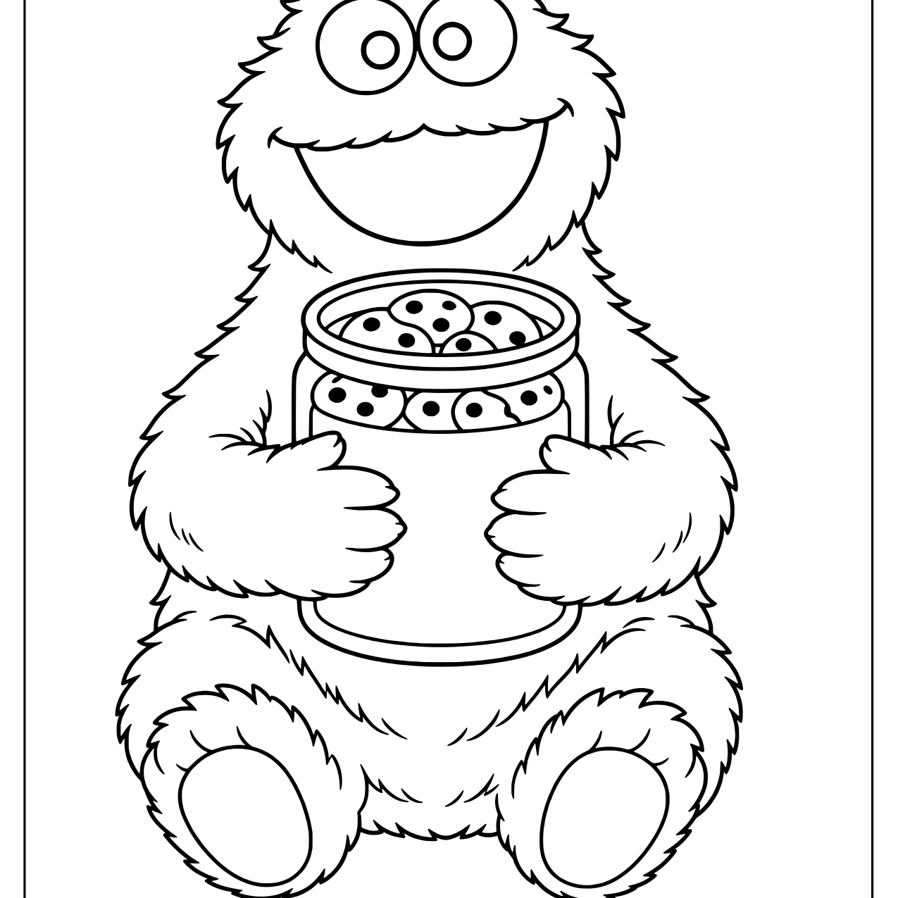 Cookie Monster sitting and hugging a glass jar full of chocolate chip cookies
