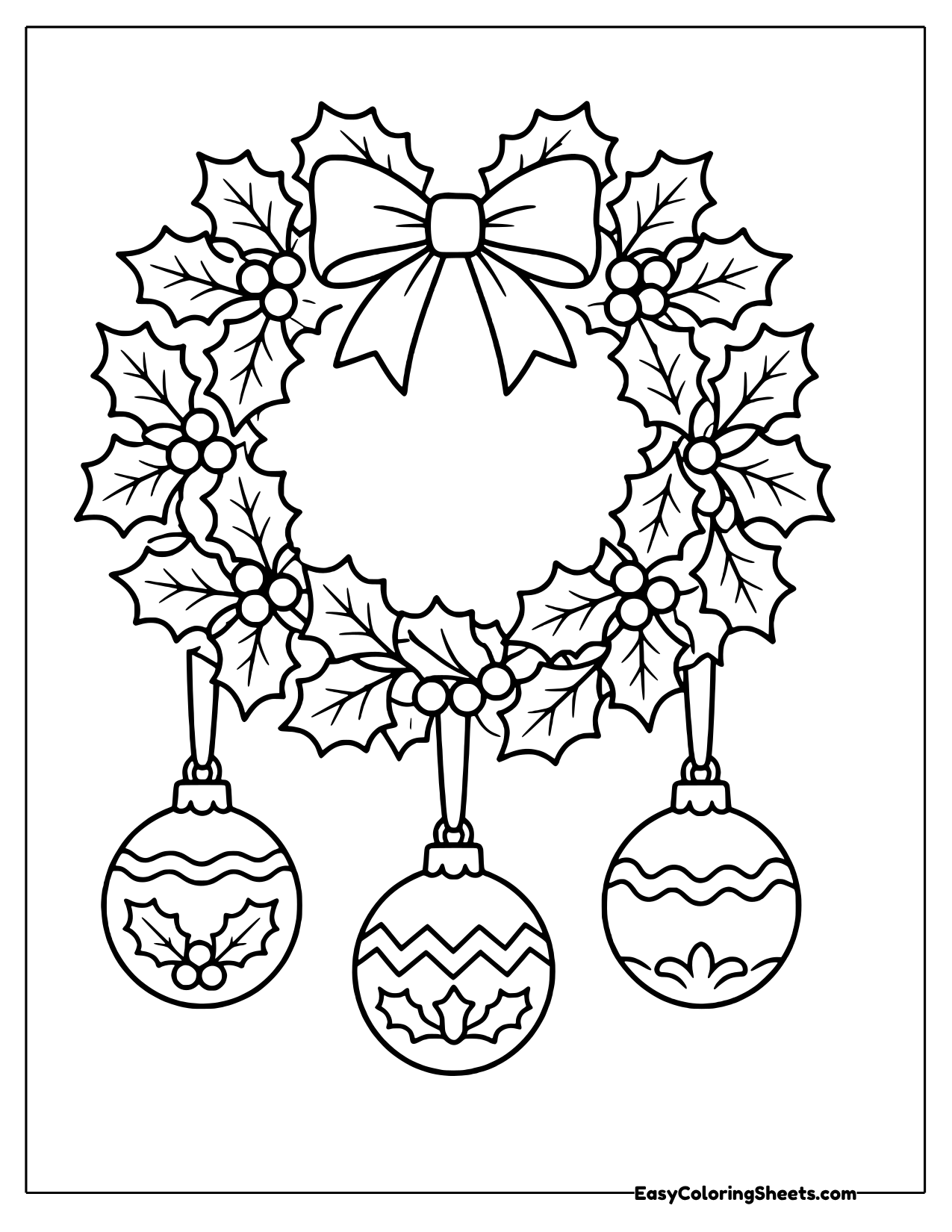 Holly wreath with dangling ornaments