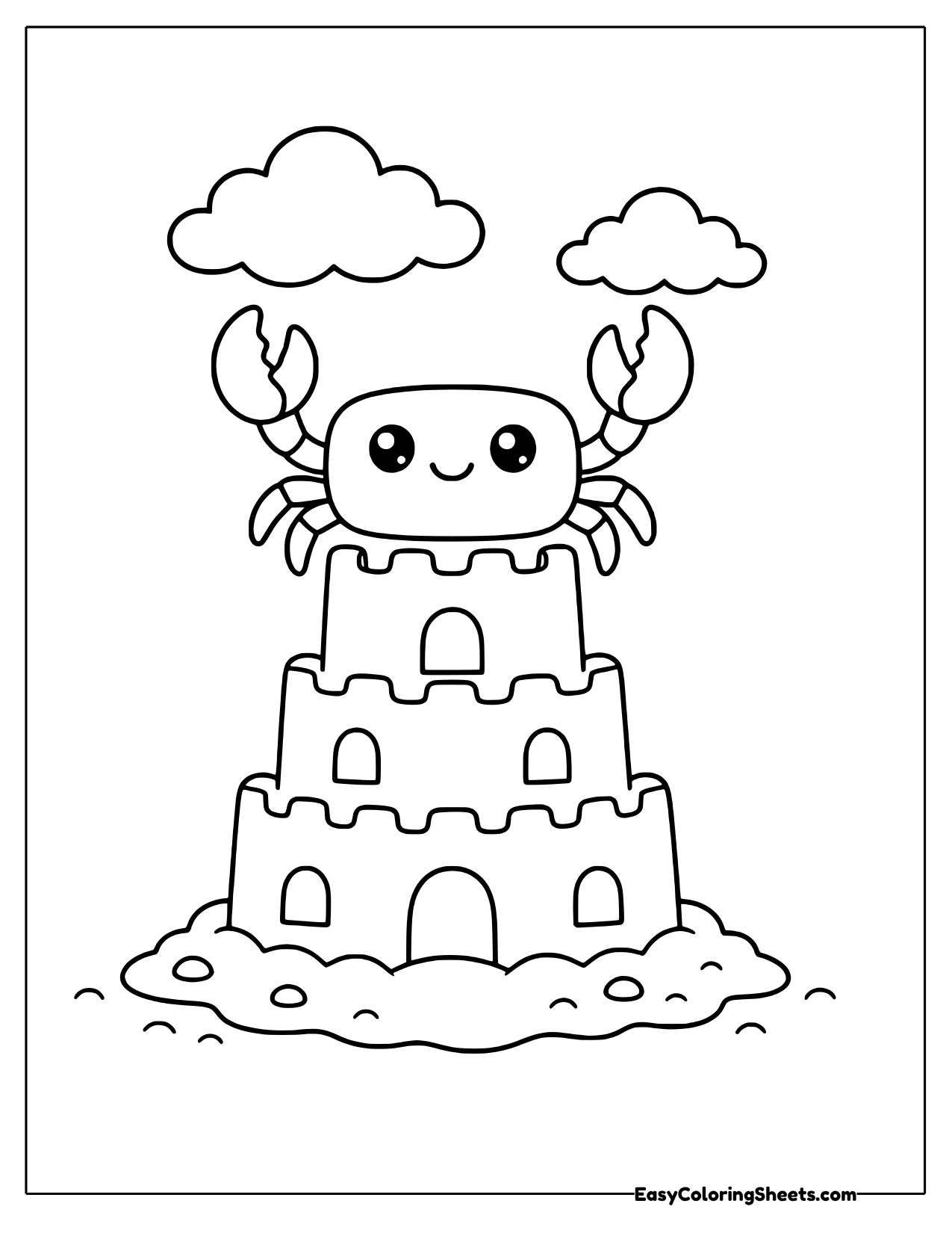 Crab on top of a tall sandcastle