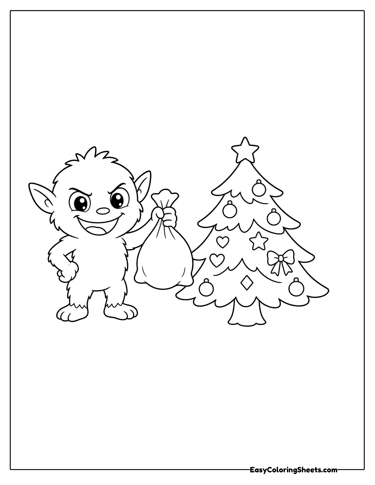 Grumpy furry creature with a sack beside a Christmas tree