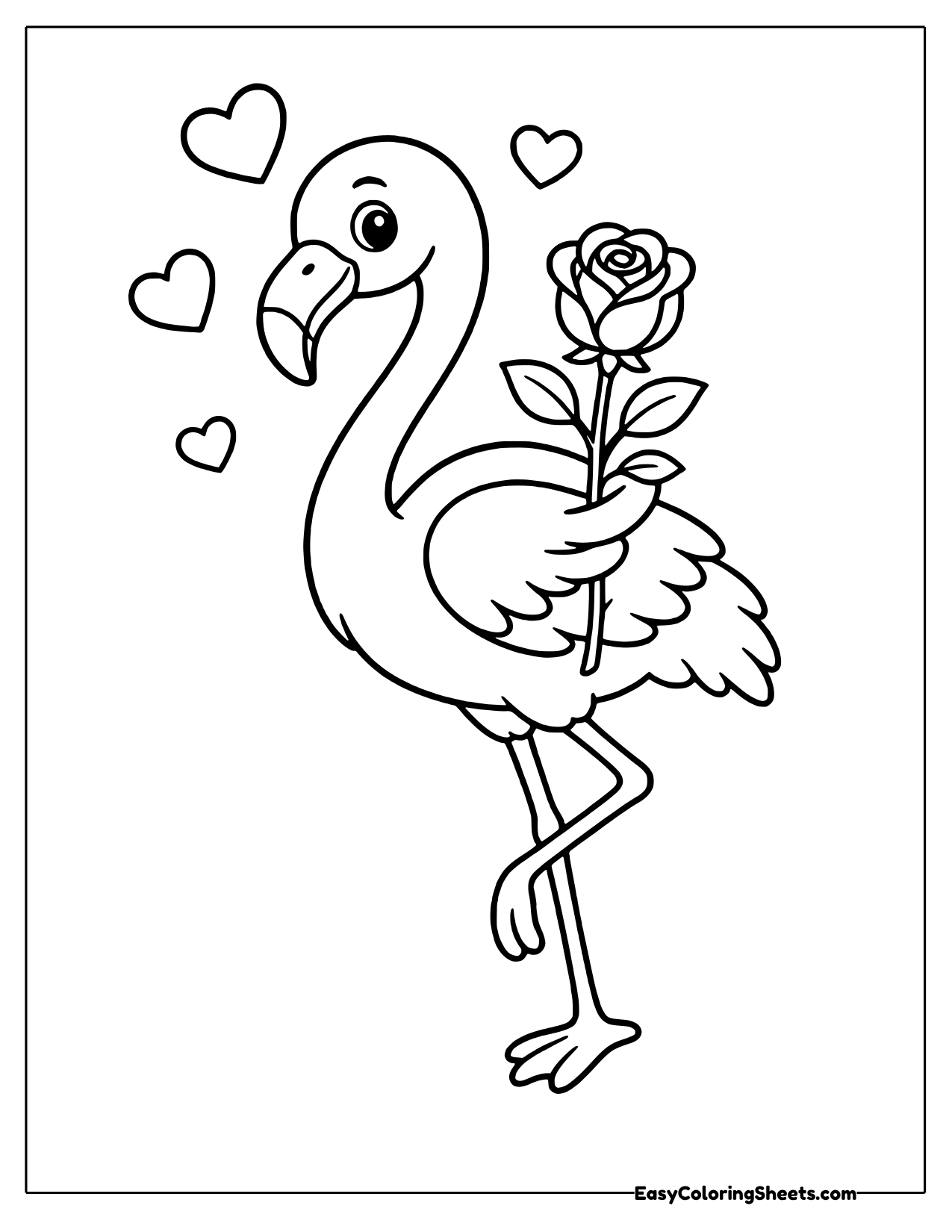 Pink flamingo on one leg holding a rose with hearts