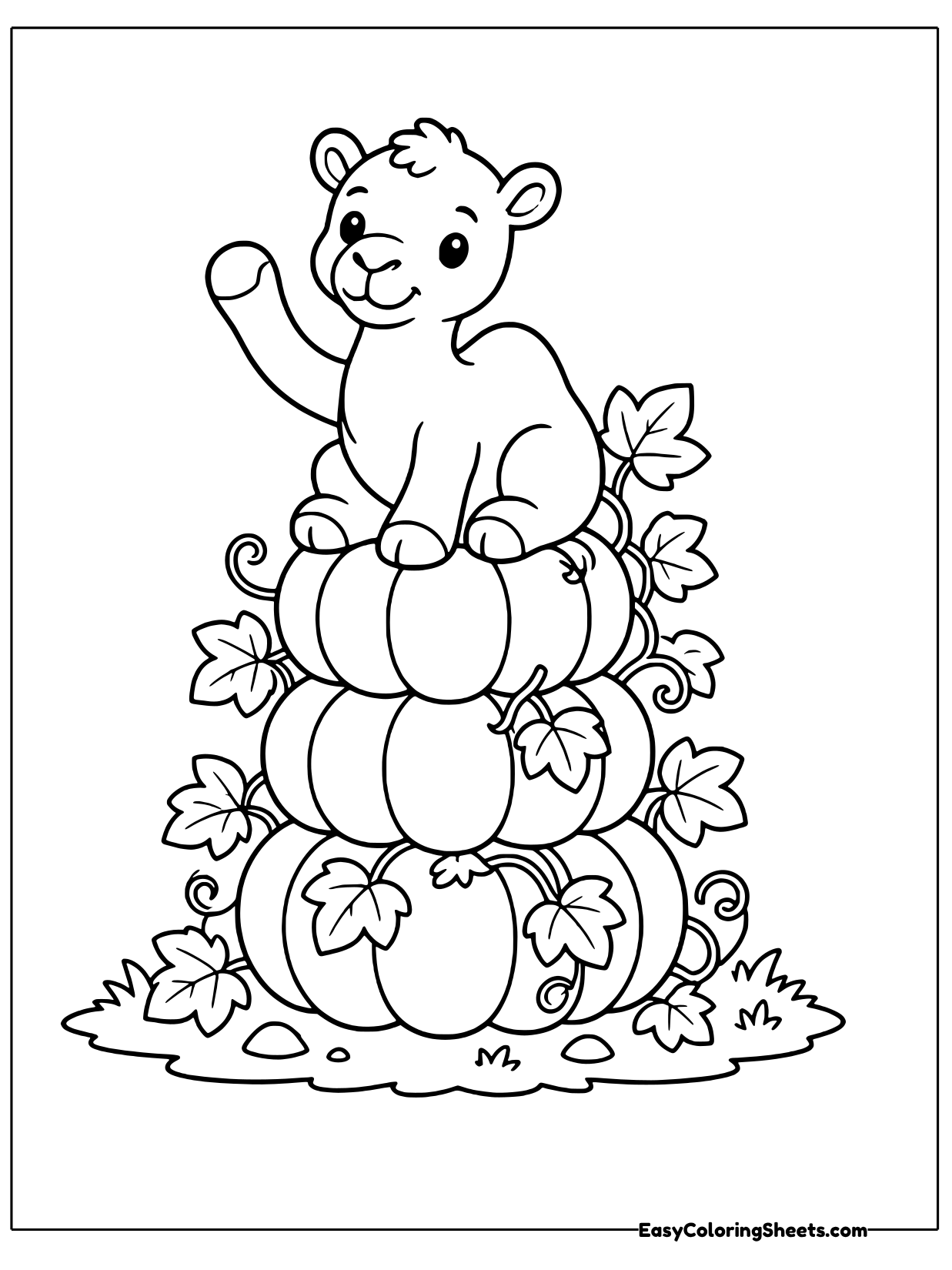 A camel sits on top of a stack of round pumpkins surrounded by curling vines and leaves.