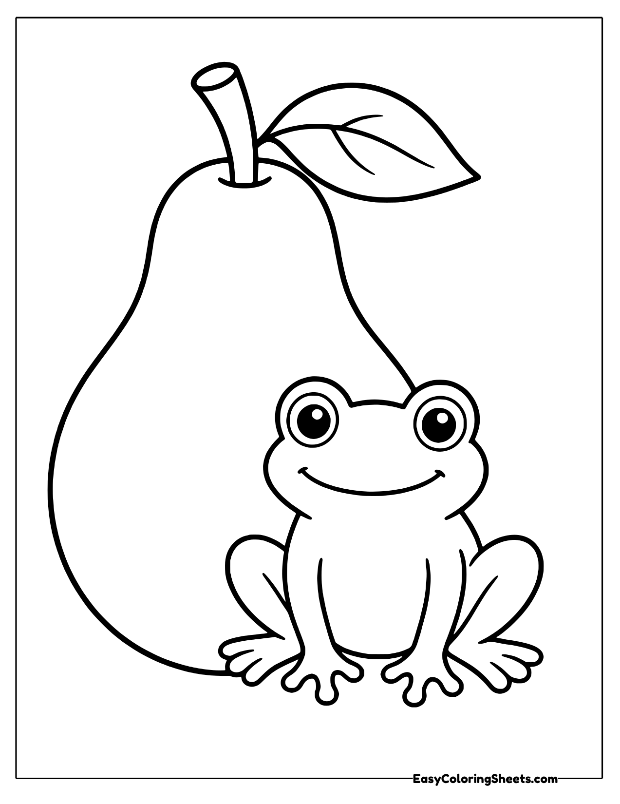 Happy frog sitting in front of a tall giant pear with a leaf