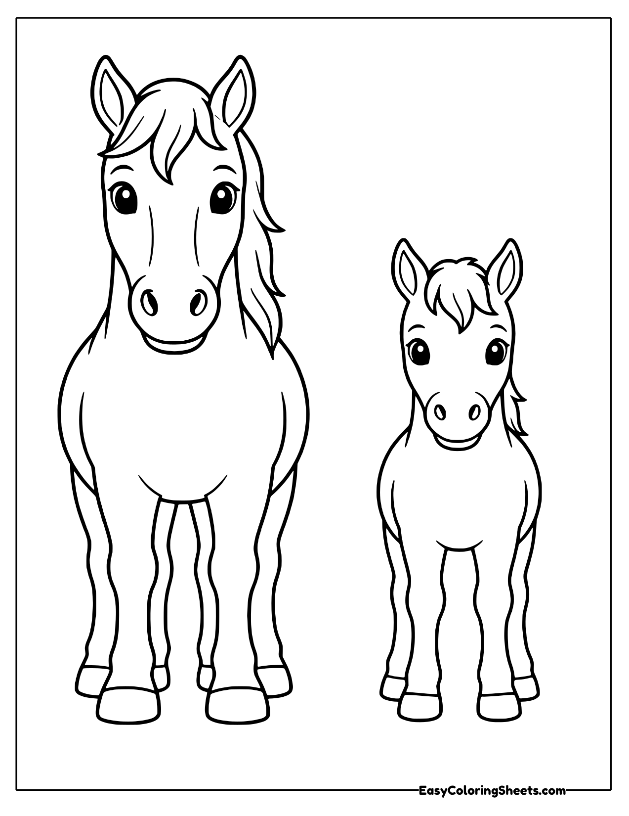 Mother horse standing beside her young foal, both facing forward