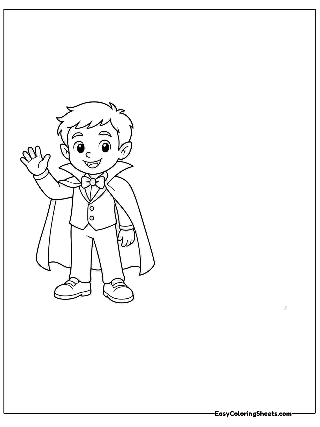 A little vampire boy with slicked hair wears a high collared cape, a vest and a bow tie, lifting one hand to wave.