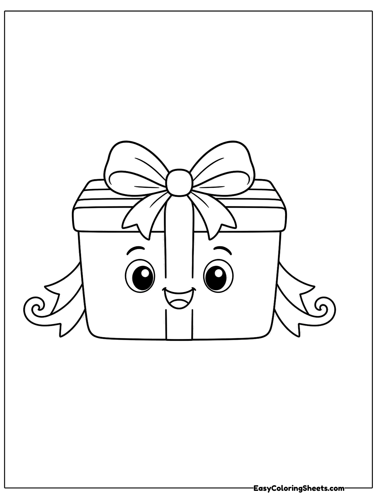 A small present with a happy face and big eyes peeks out from under a bow on its lid.