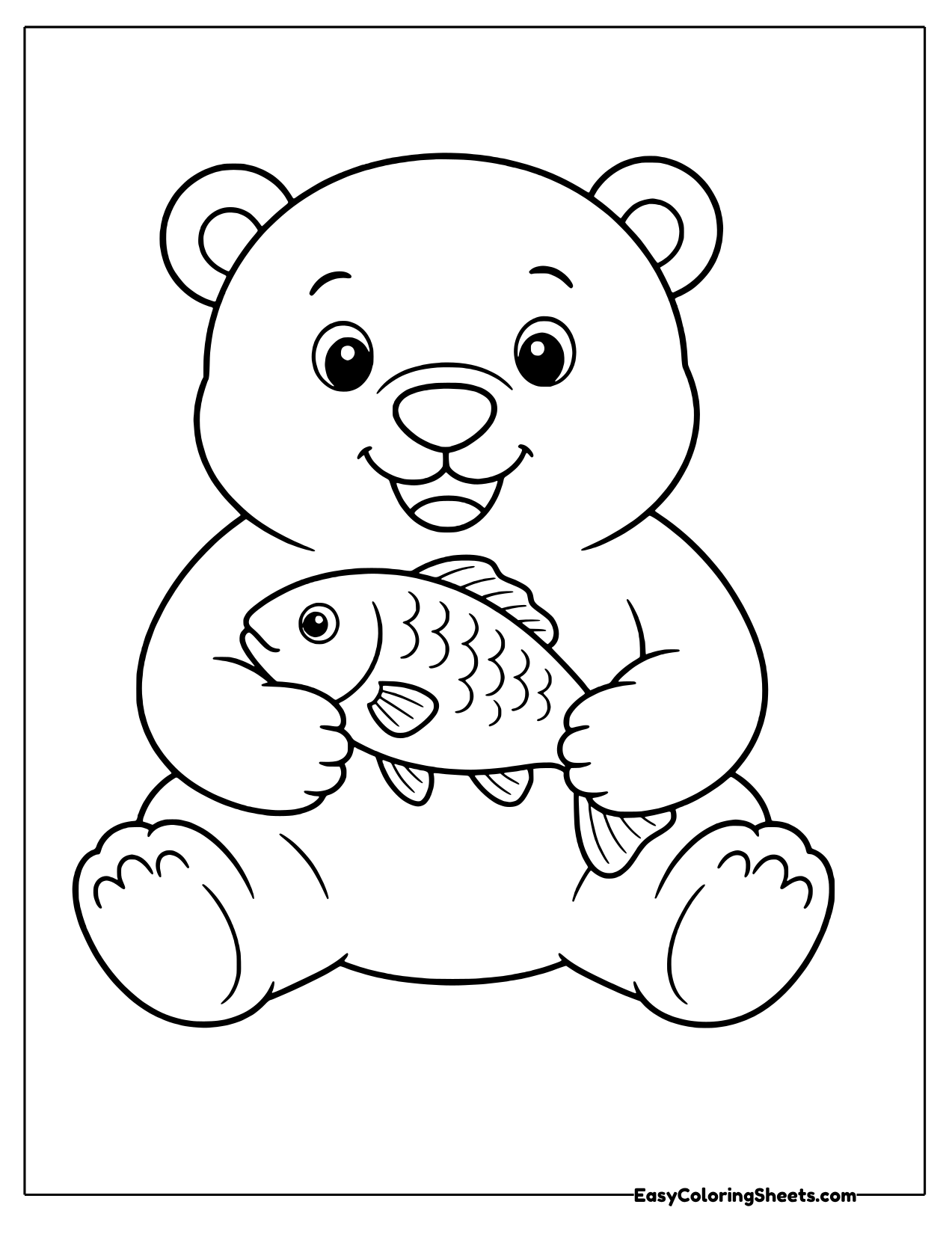 Chubby polar bear holding a fish