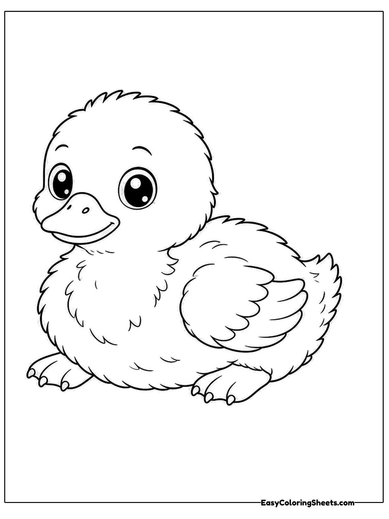 A fluffy baby duckling rests on its belly with its feathers drawn in soft tufts and a little smile.