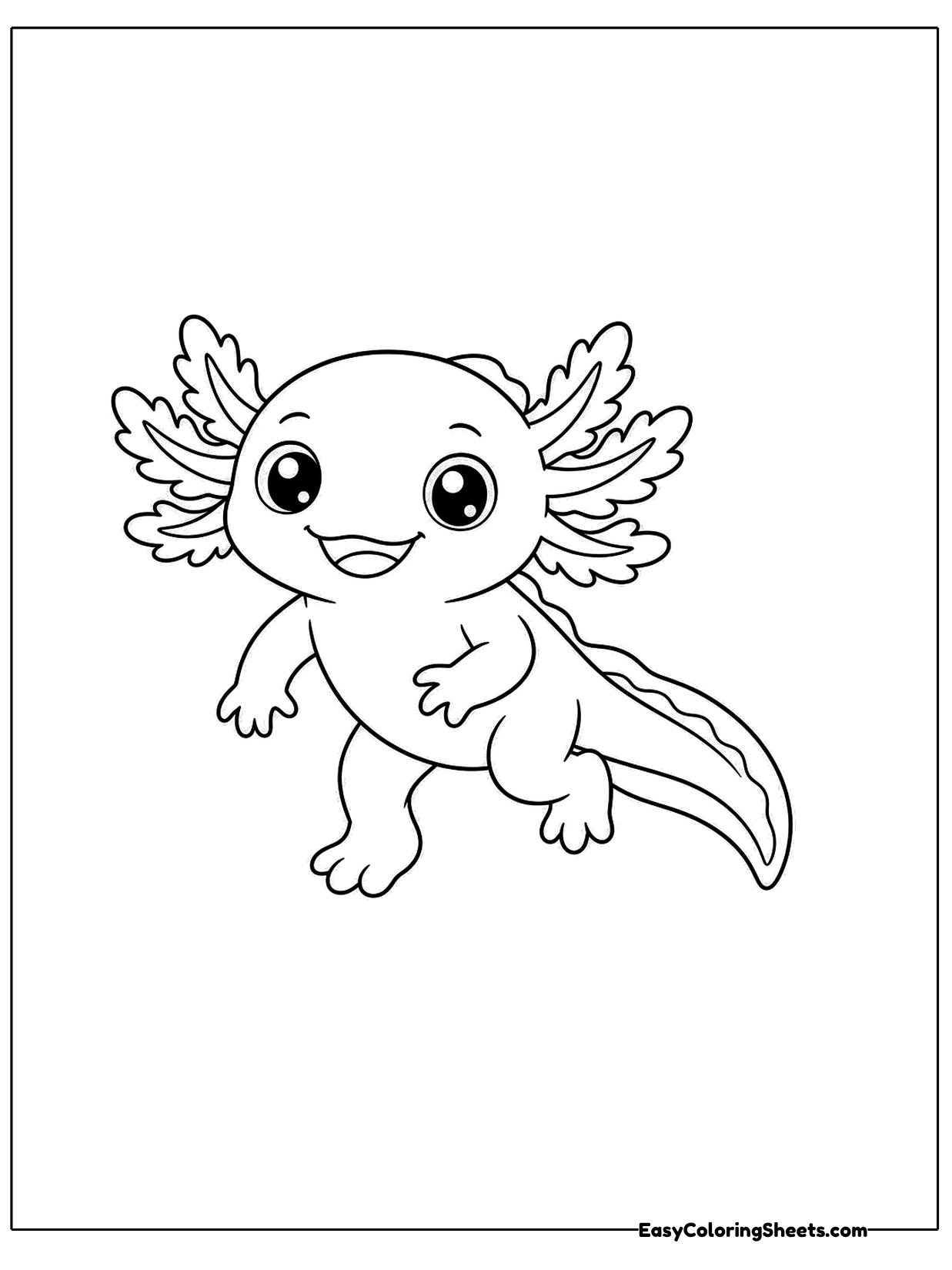 An axolotl takes a step with one foot lifted, smiling as it walks.