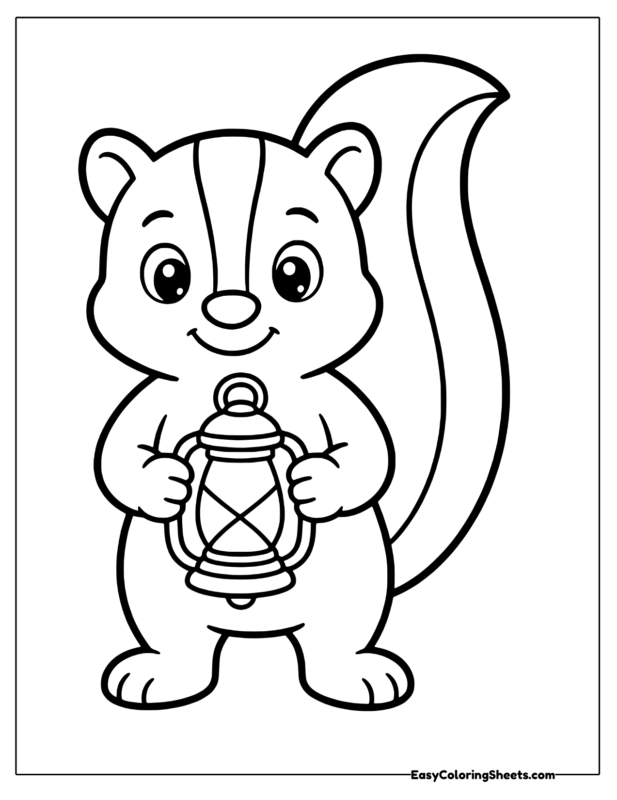 Friendly skunk holding a small lantern in both paws