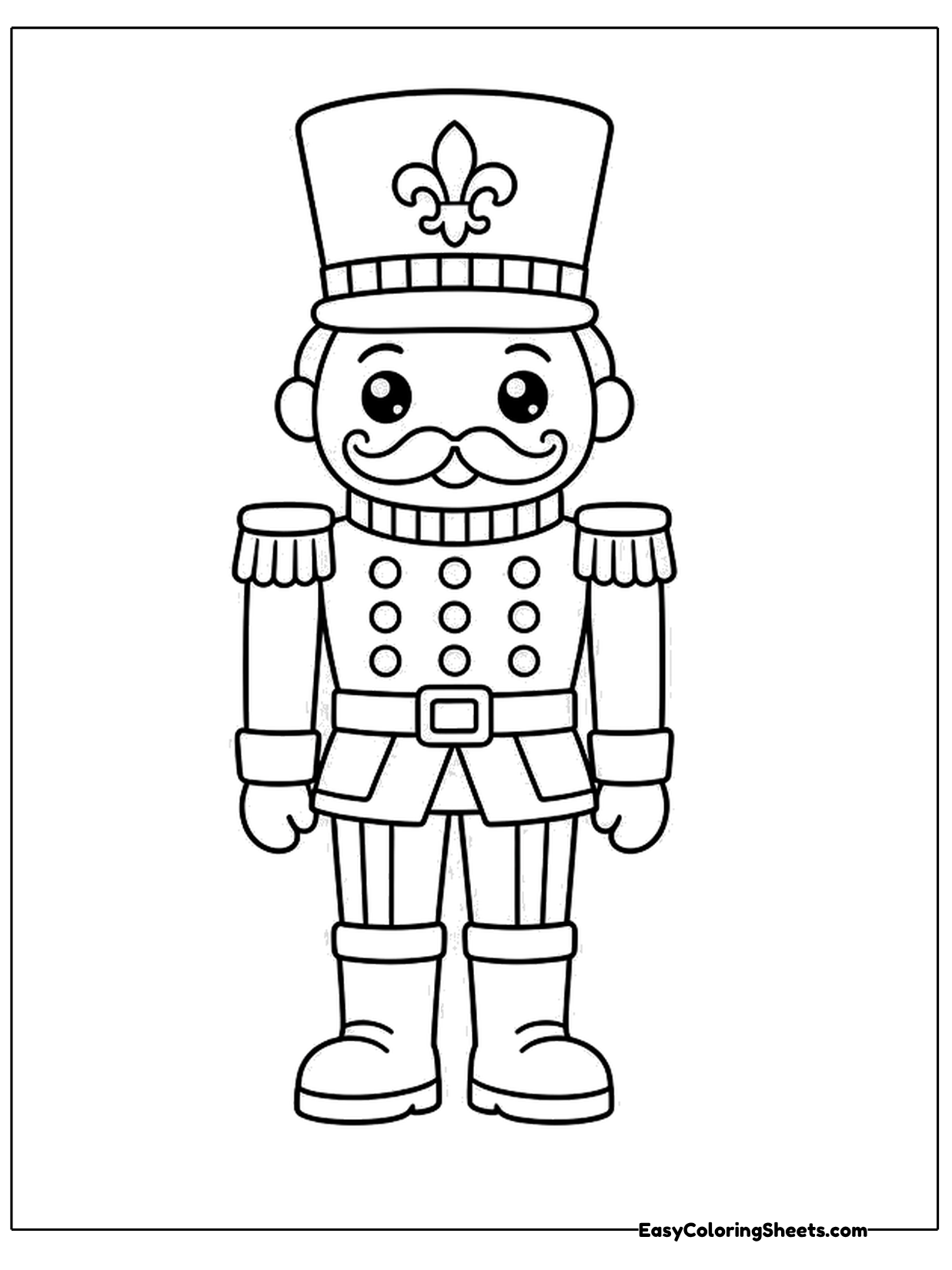 This cartoon nutcracker has a tall hat, a tidy jacket and simple round features that are easy to color.