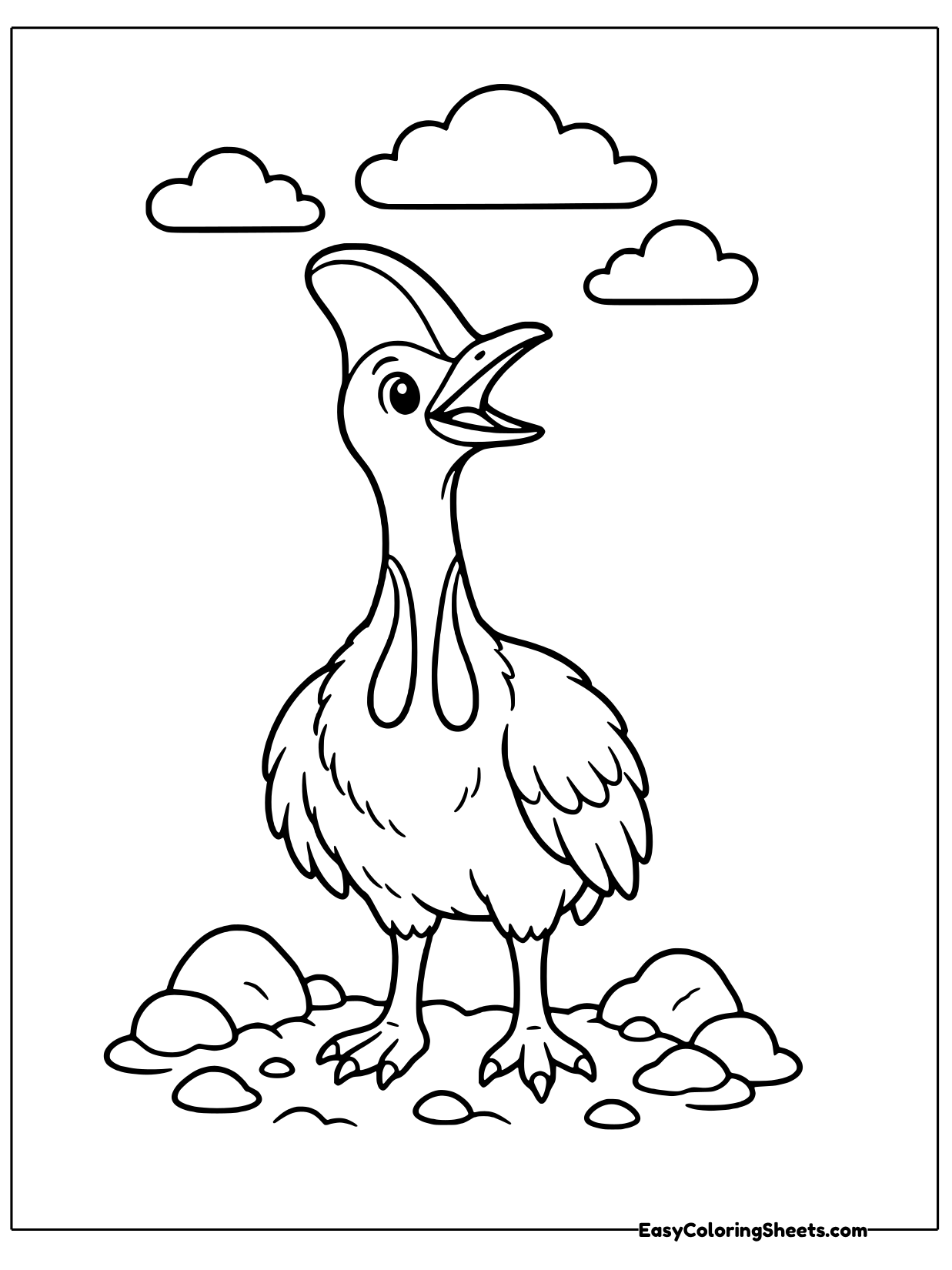 A cassowary tilts its head back and opens its beak to call beneath two drifting clouds.