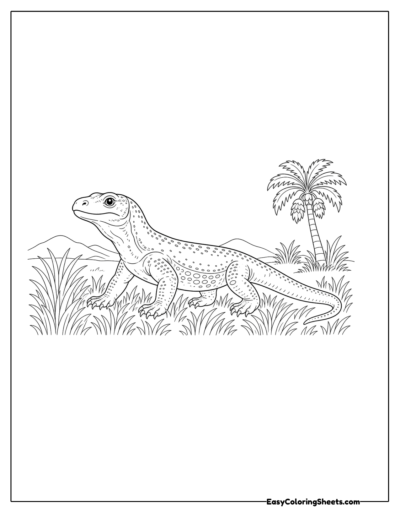Komodo dragon walking through tall grass