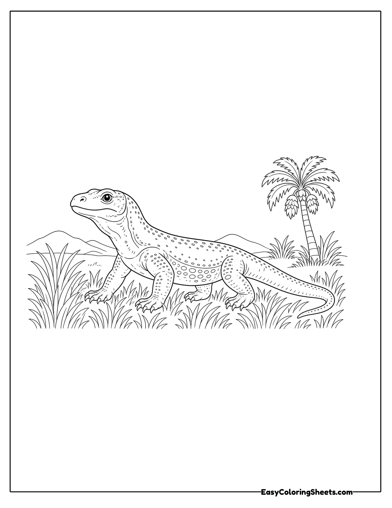 Komodo dragon walking through tall grass