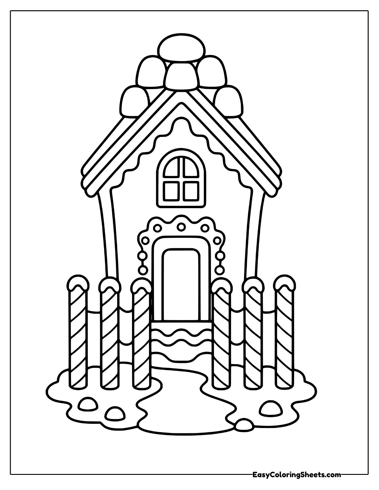 Free Gingerbread House Candy Cane Fence Coloring Page | Easy Coloring ...