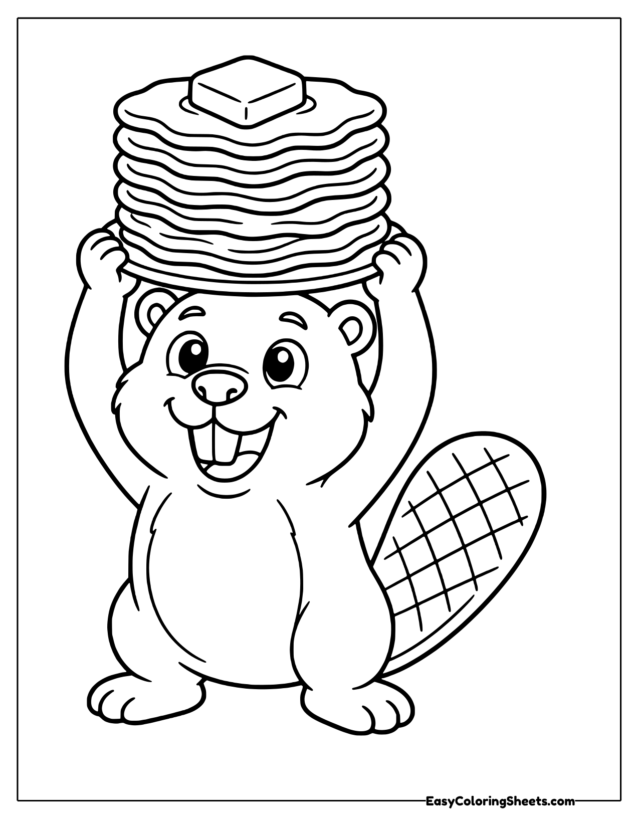 Beaver holding a tall stack of pancakes with butter above its head