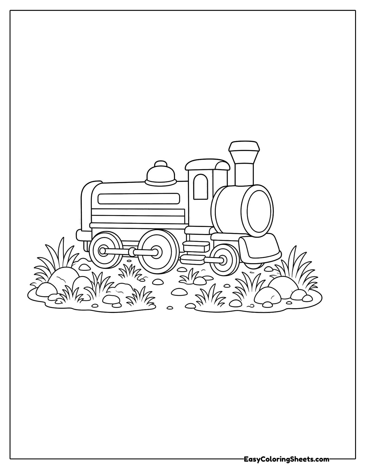 Steam train on a grassy stretch of track