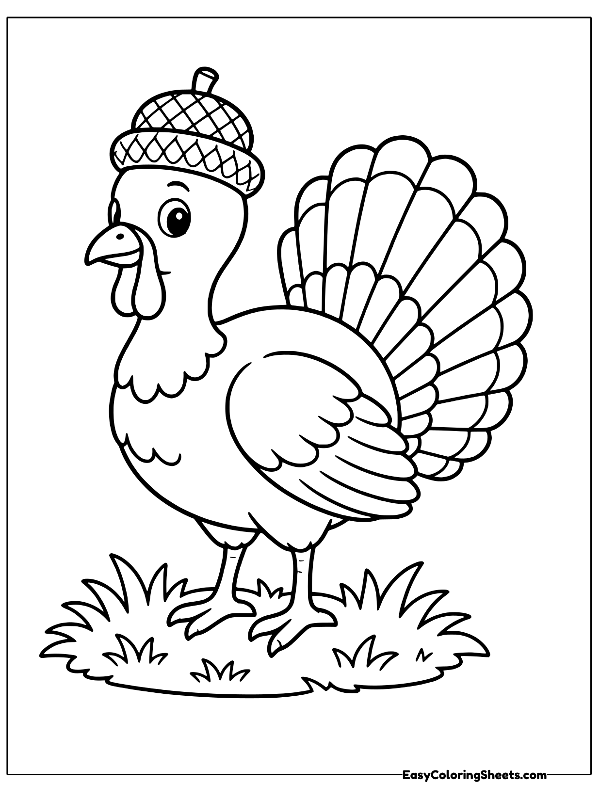 This turkey wears an acorn cap like a tiny hat, a playful nod to the nuts that fall in autumn.
