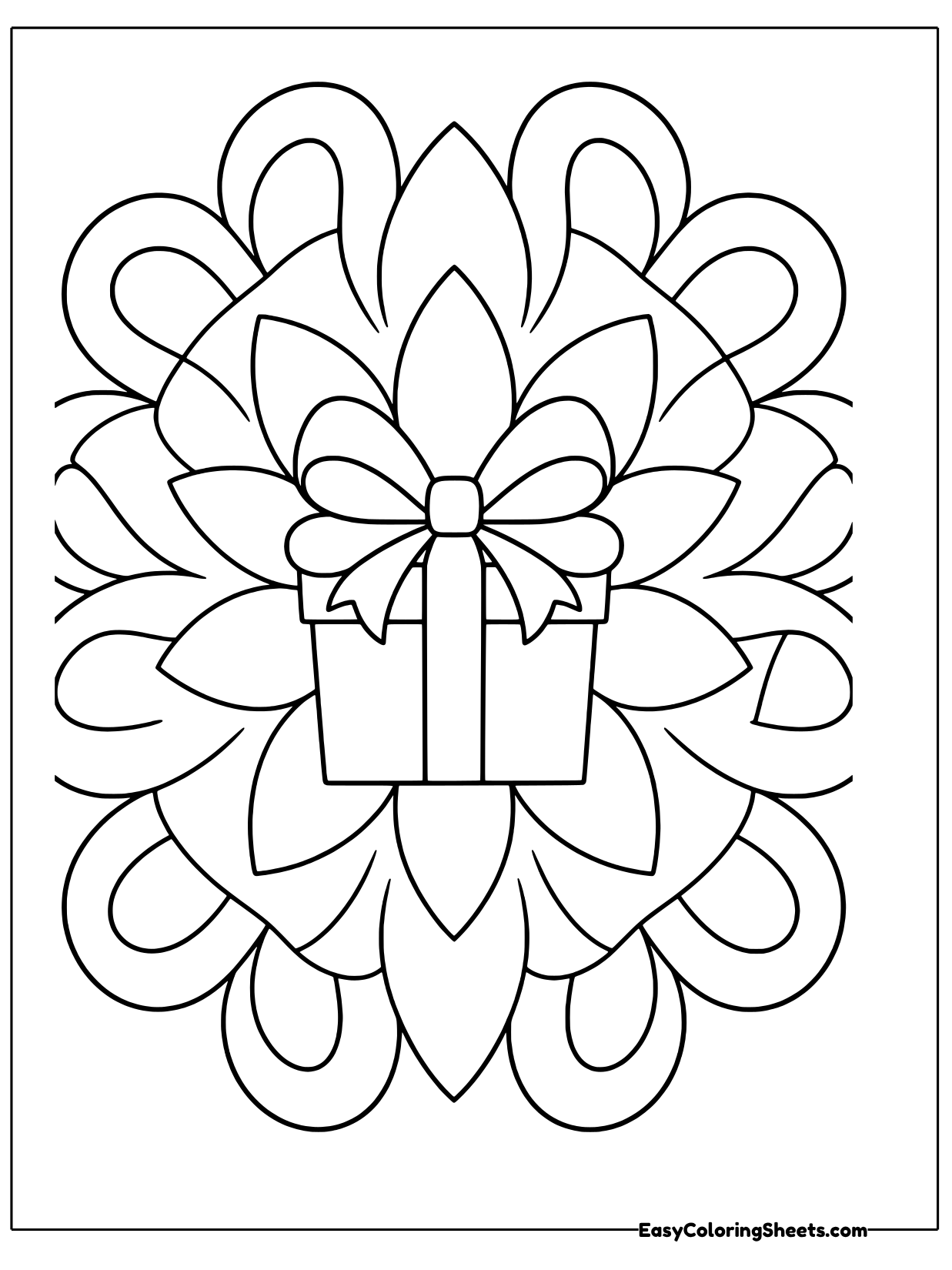 A wrapped Christmas present with a big bow sits in the center of a simple mandala made of large petals and curling ribbon.