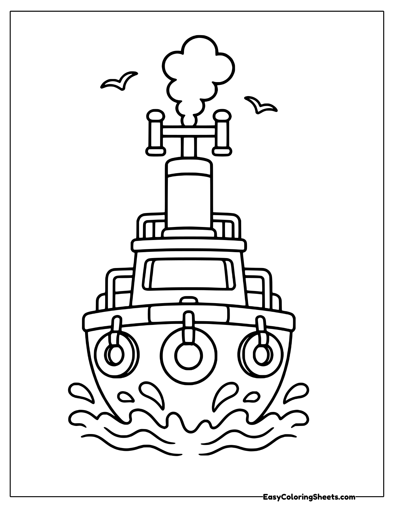 Tugboat facing forward with smoke puffs