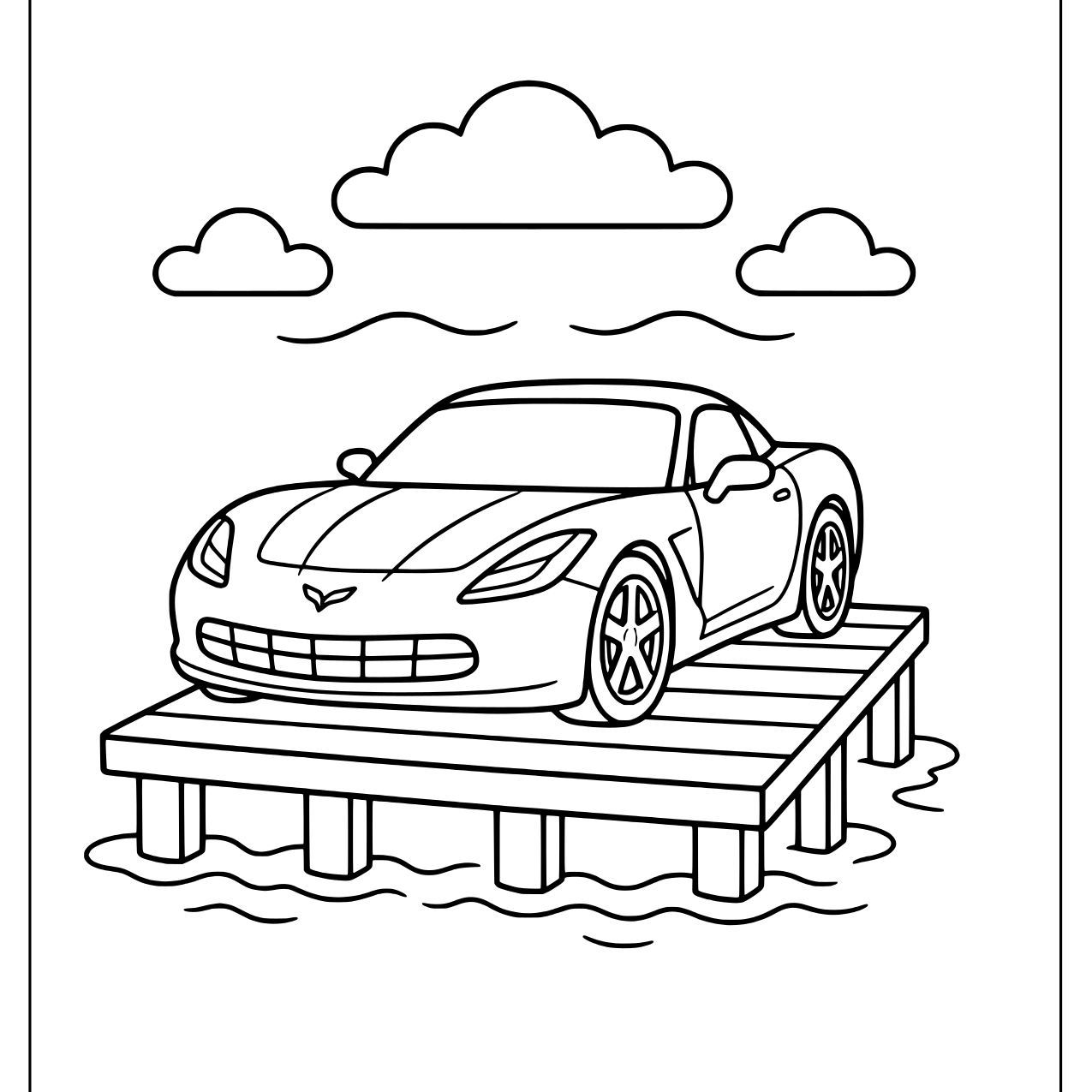 Sports car parked on a wooden pier