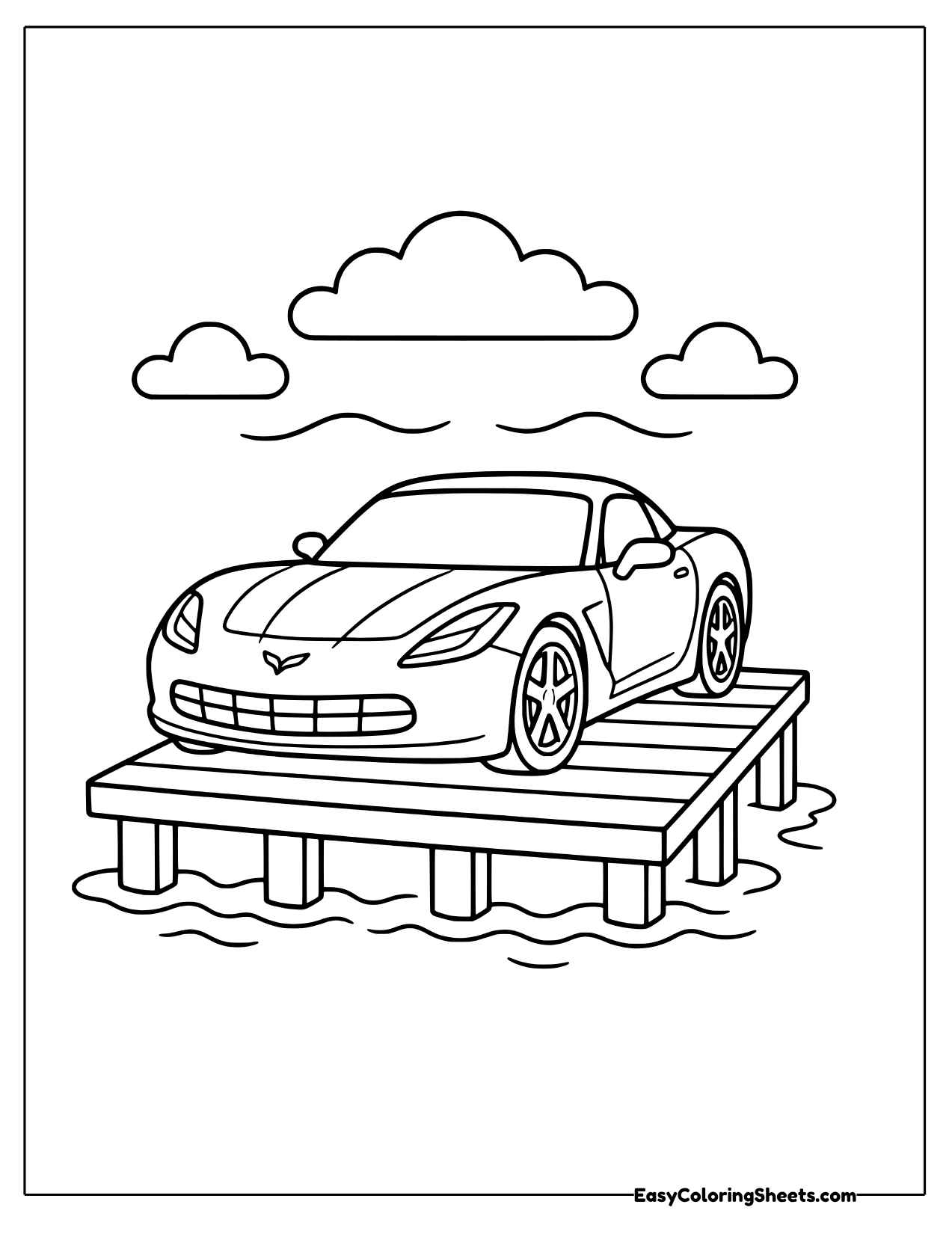 Sports car parked on a wooden pier