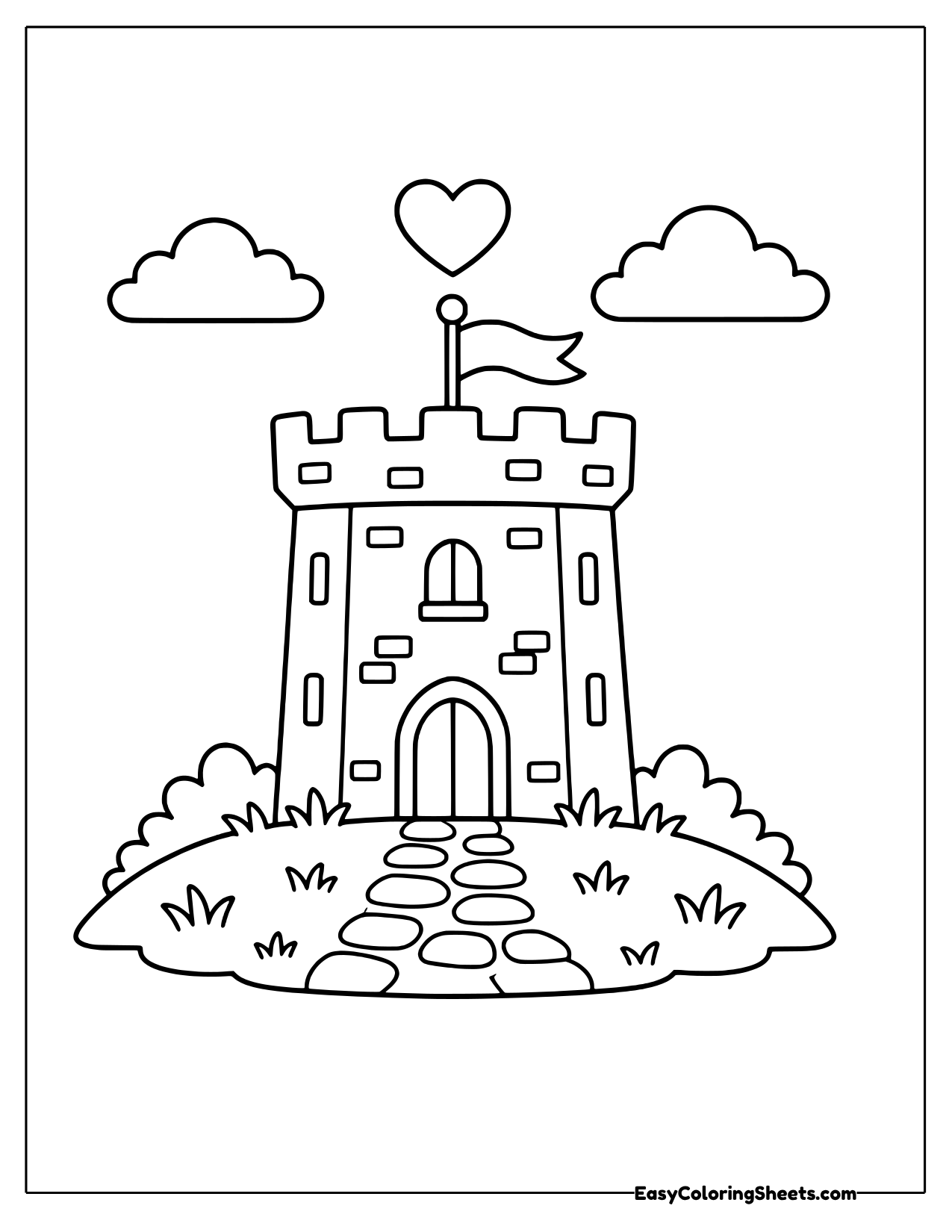 A sturdy square keep with battlements and arched windows sits on a grassy hill with a pebble path leading to its door.