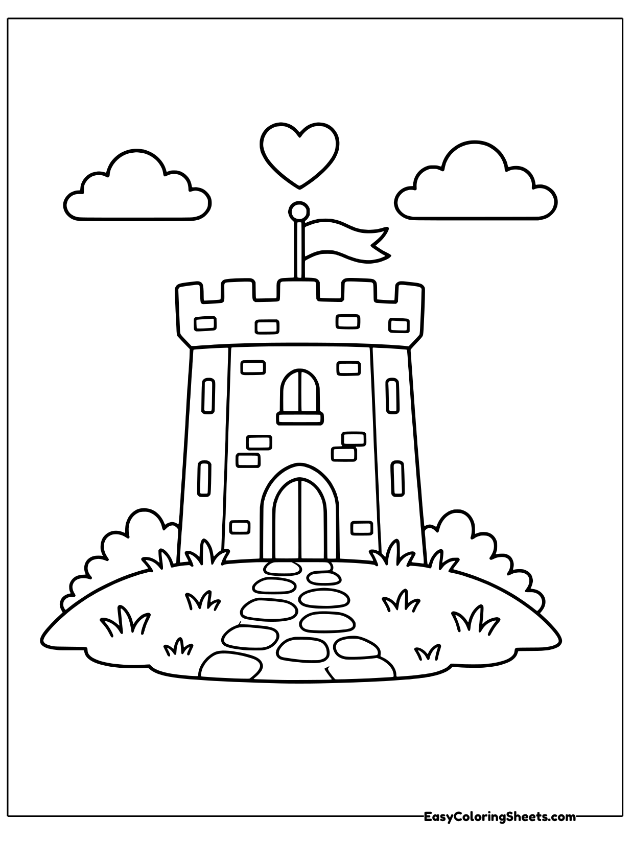 A sturdy square keep with battlements and arched windows sits on a grassy hill with a pebble path leading to its door.