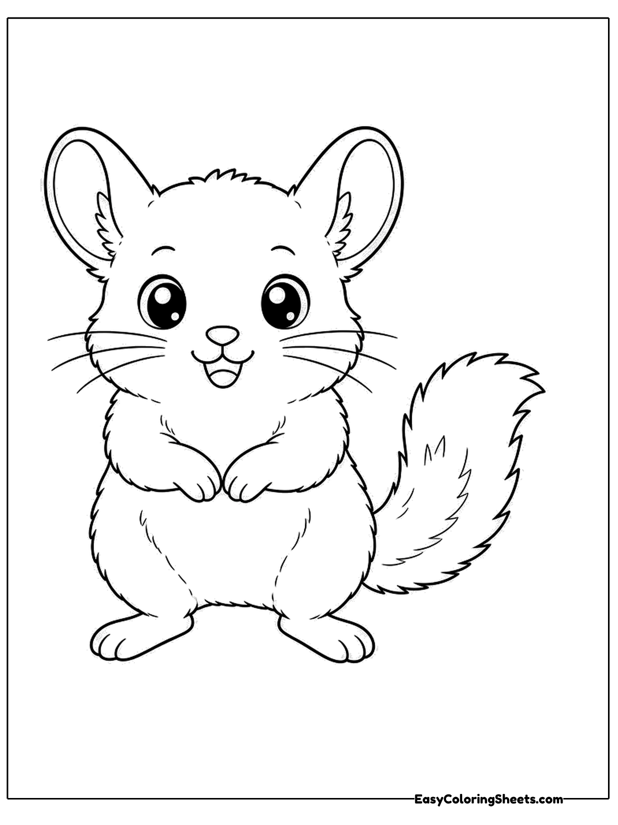 A cute chinchilla stands on its hind legs with its paws held in front, big ears up and a gentle smile.