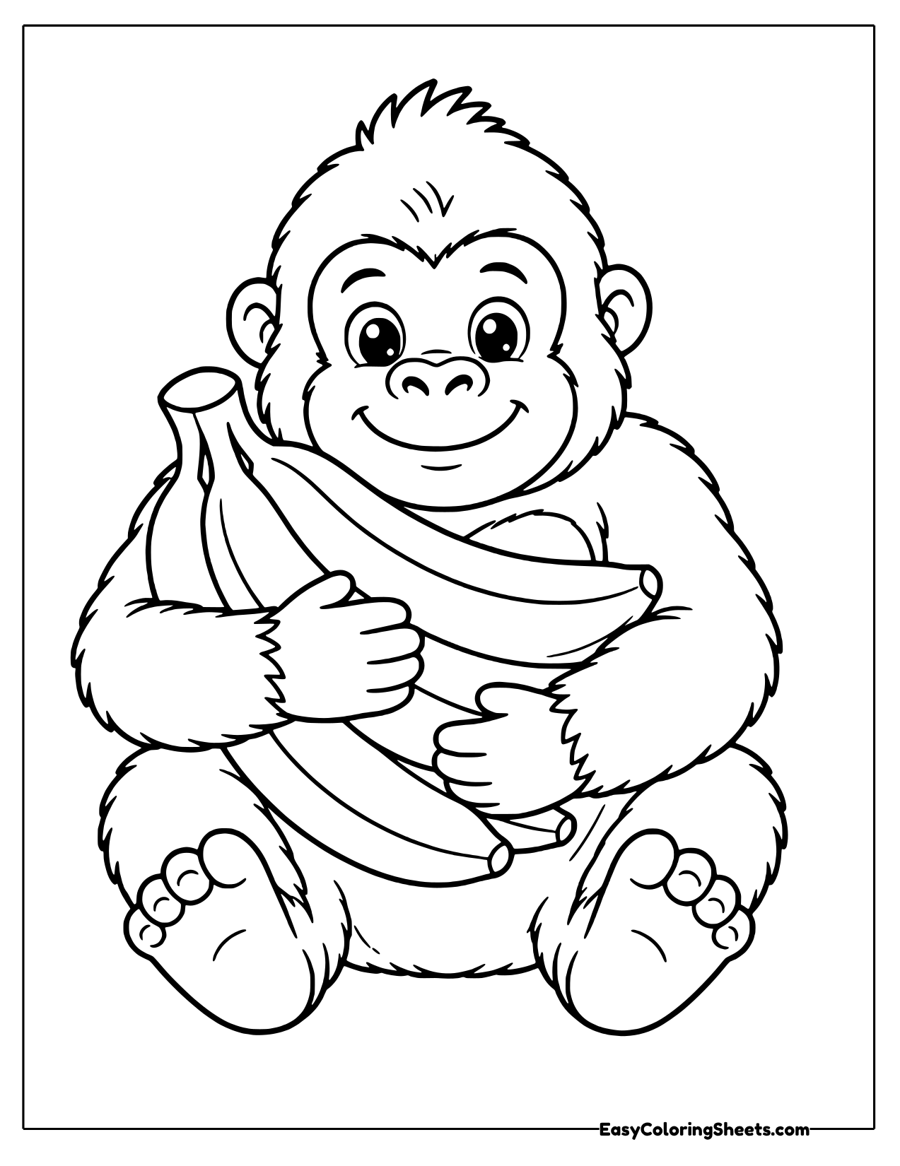 Gorilla sitting with a bunch of bananas in its lap