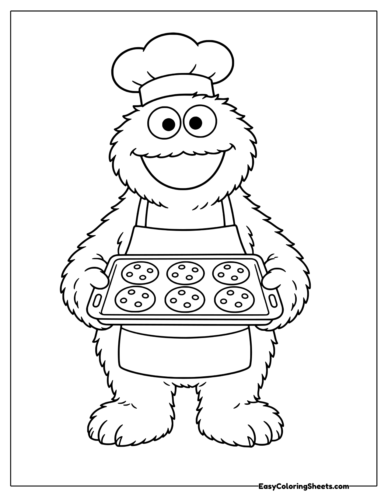 Cookie Monster wearing a chef hat and apron holding a tray of cookies