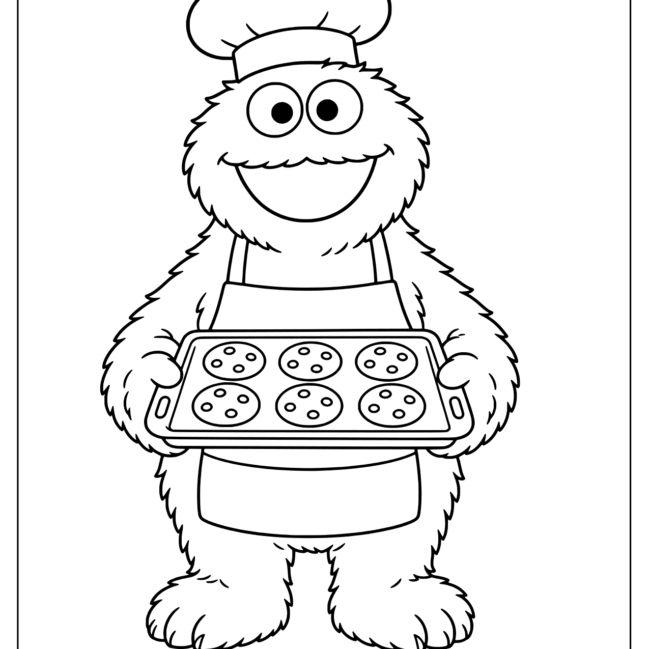 Cookie Monster wearing a chef hat and apron holding a tray of cookies