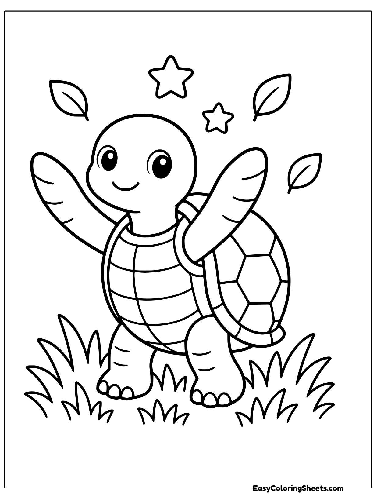 A playful turtle stands upright on its hind legs with both arms raised in celebration while stars and leaves float around it.