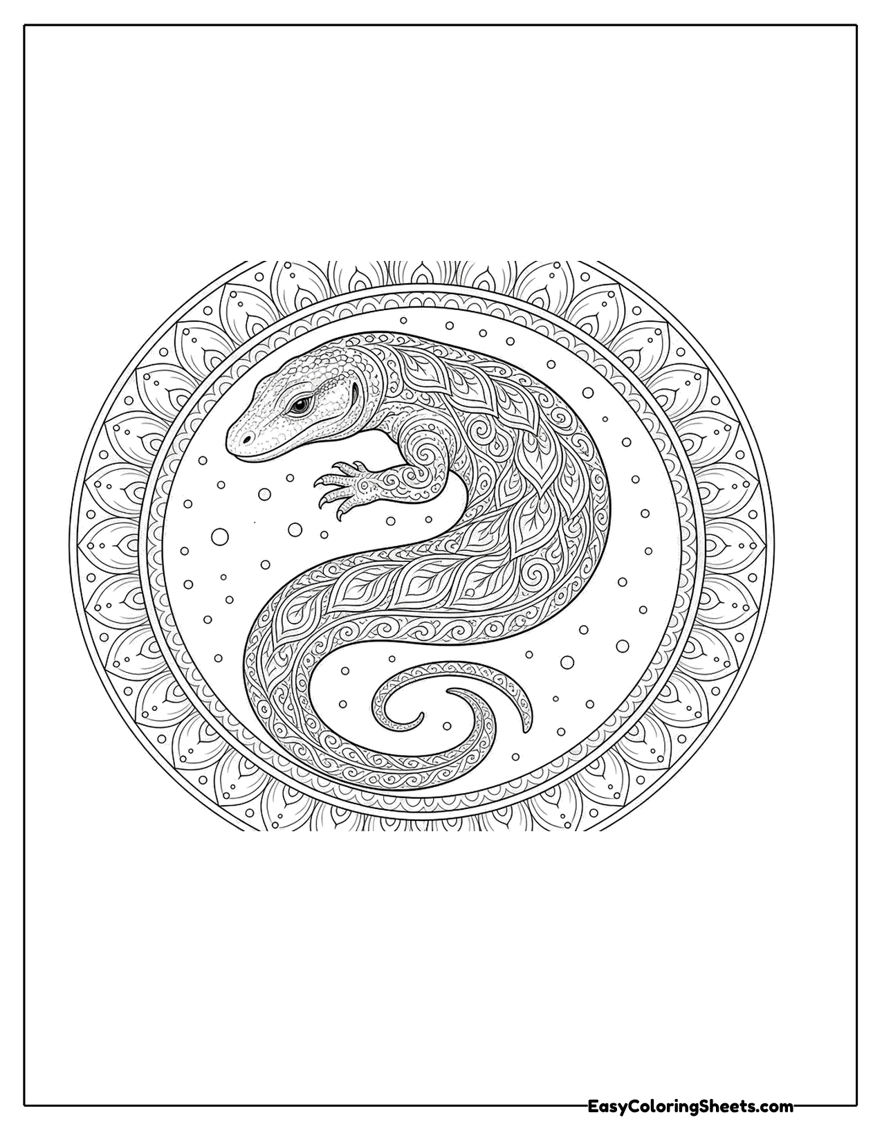 Komodo dragon inside a round mandala